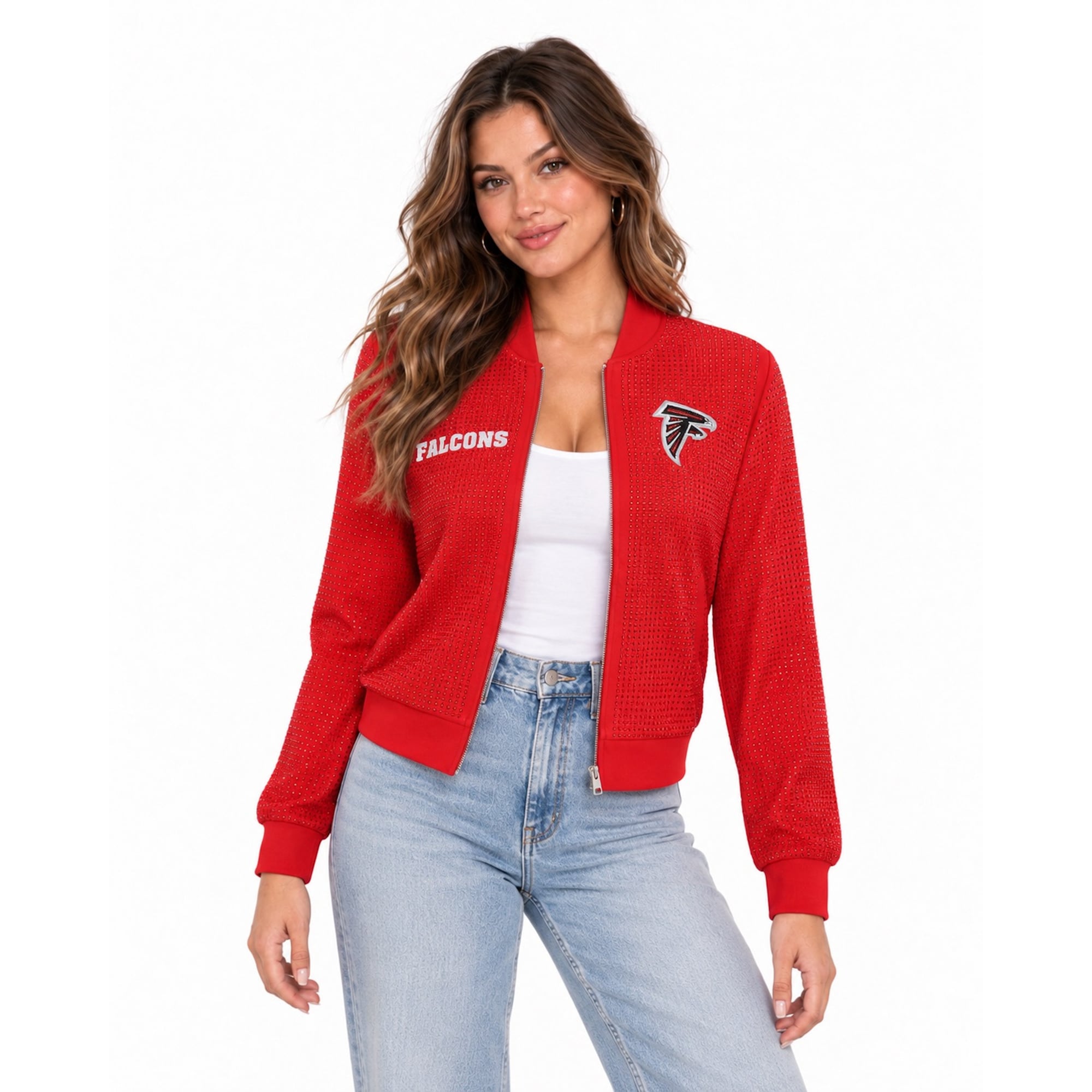 Women's FABGATING by Cuce Red Atlanta Falcons Crystal Full-Zip Bomber ...