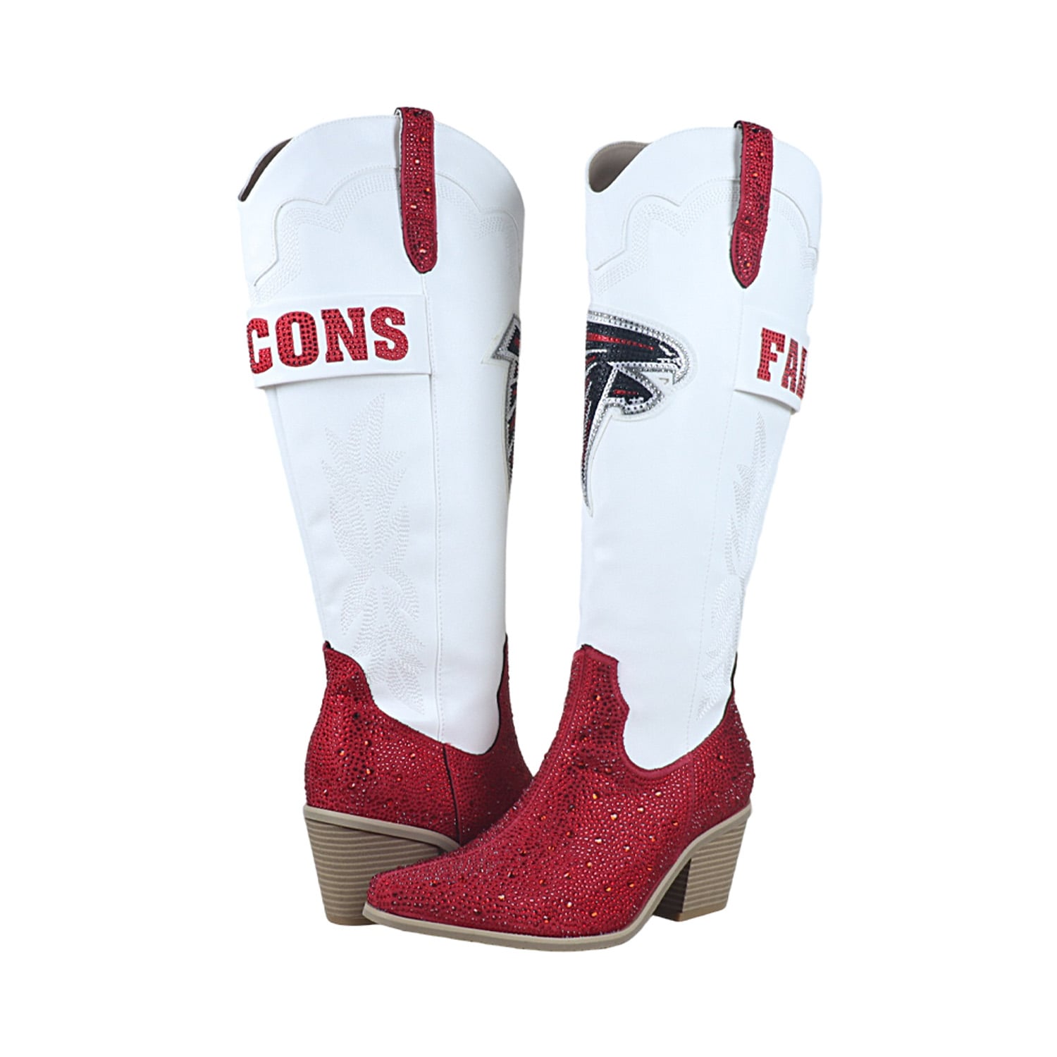 Bottes de cowboy blanches à cristaux FABGATING by Cuce pour femmes, aux couleurs des Falcons d'Atlanta.