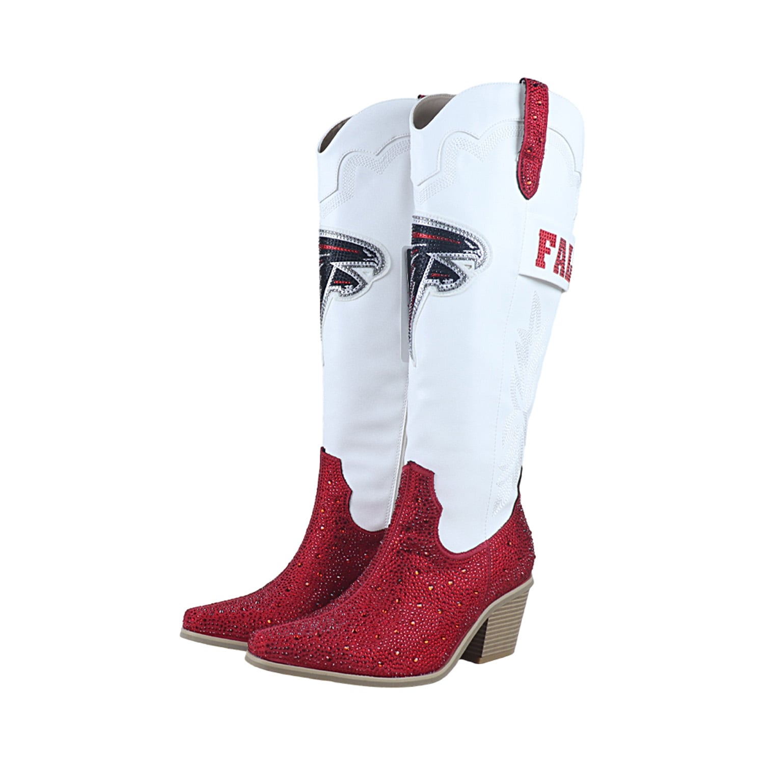 Bottes de cowboy blanches à cristaux FABGATING by Cuce pour femmes, aux couleurs des Falcons d'Atlanta.