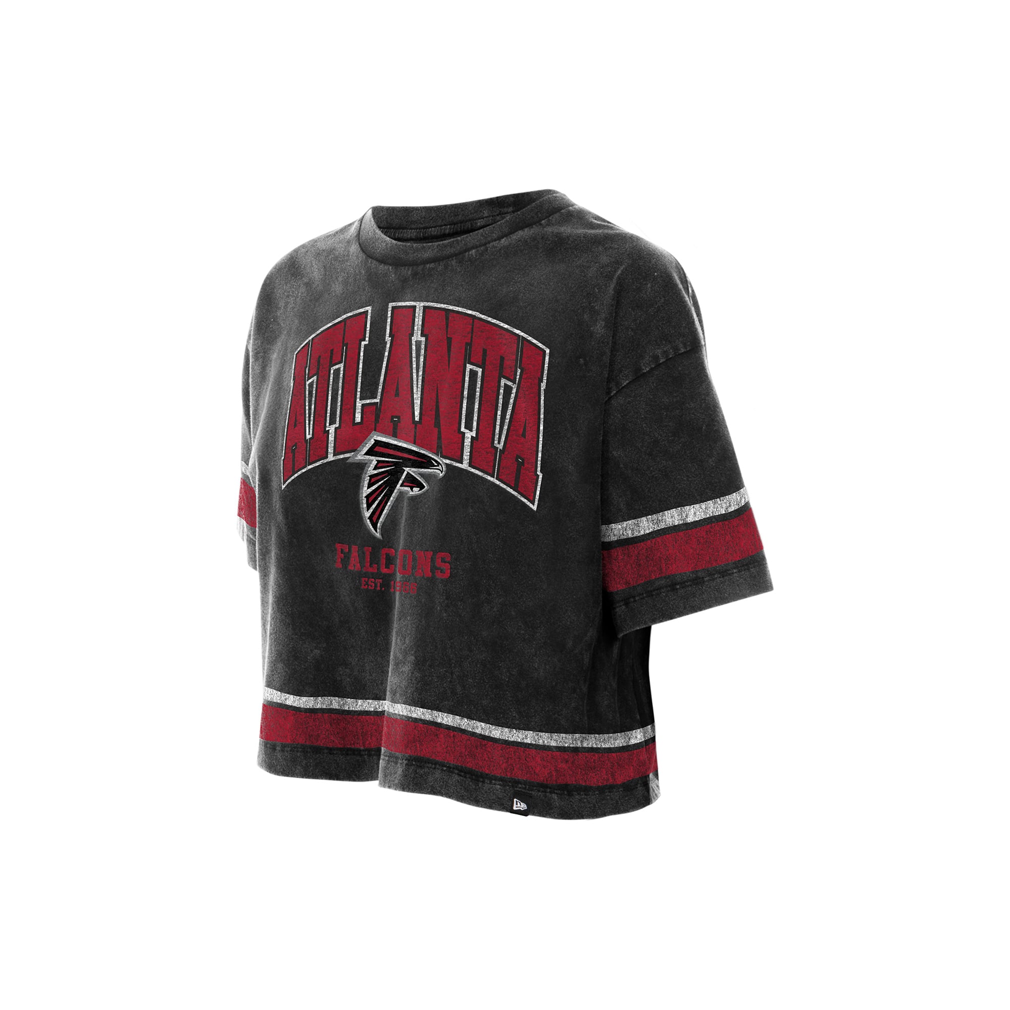 T-shirt court New Era noir Atlanta Falcons Lifestyle à l'effigie d'une femme, délavé l'huile minérale, coupe carrée.