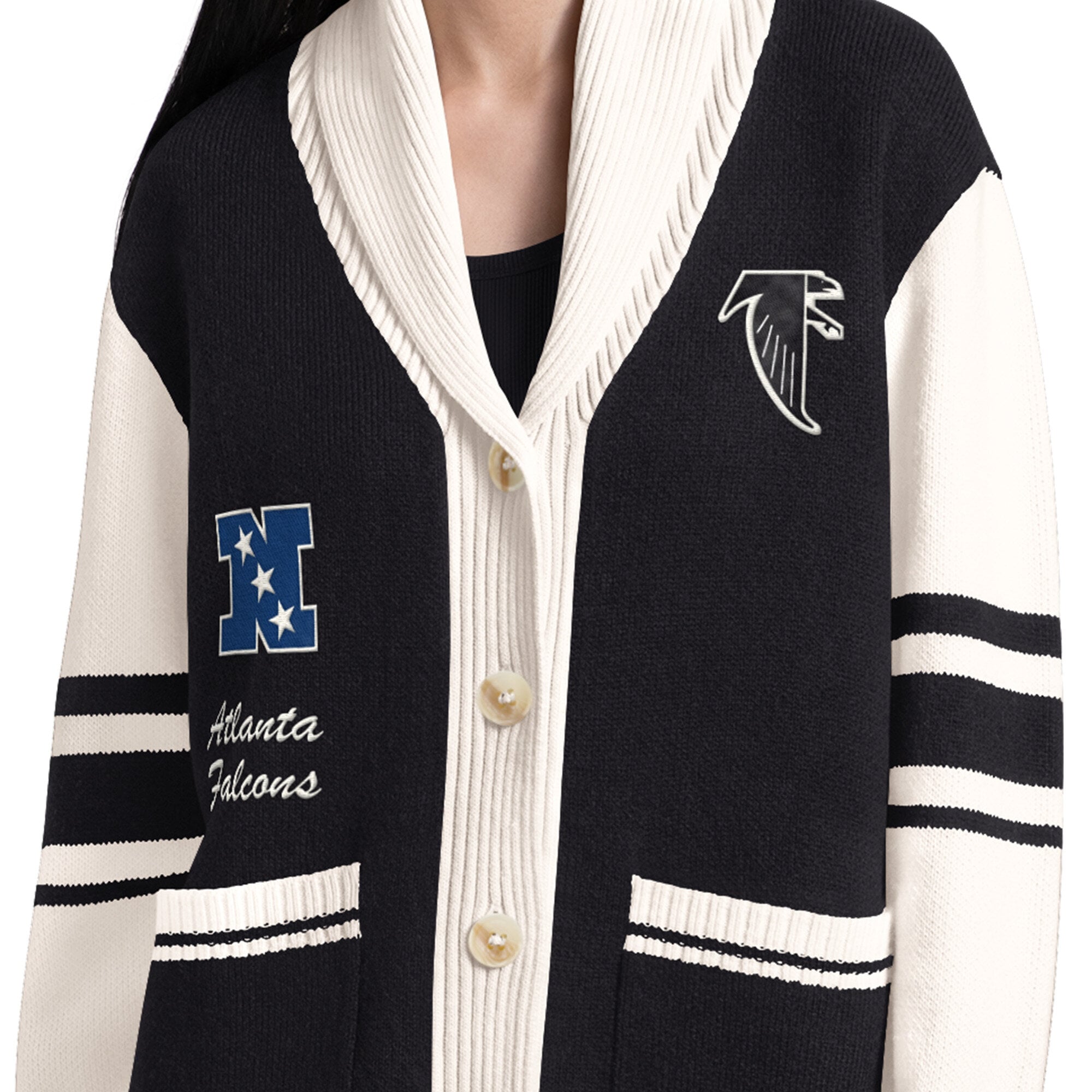 Gilet boutonné à col châle Starter noir Atlanta Falcons Strike Zone pour femme