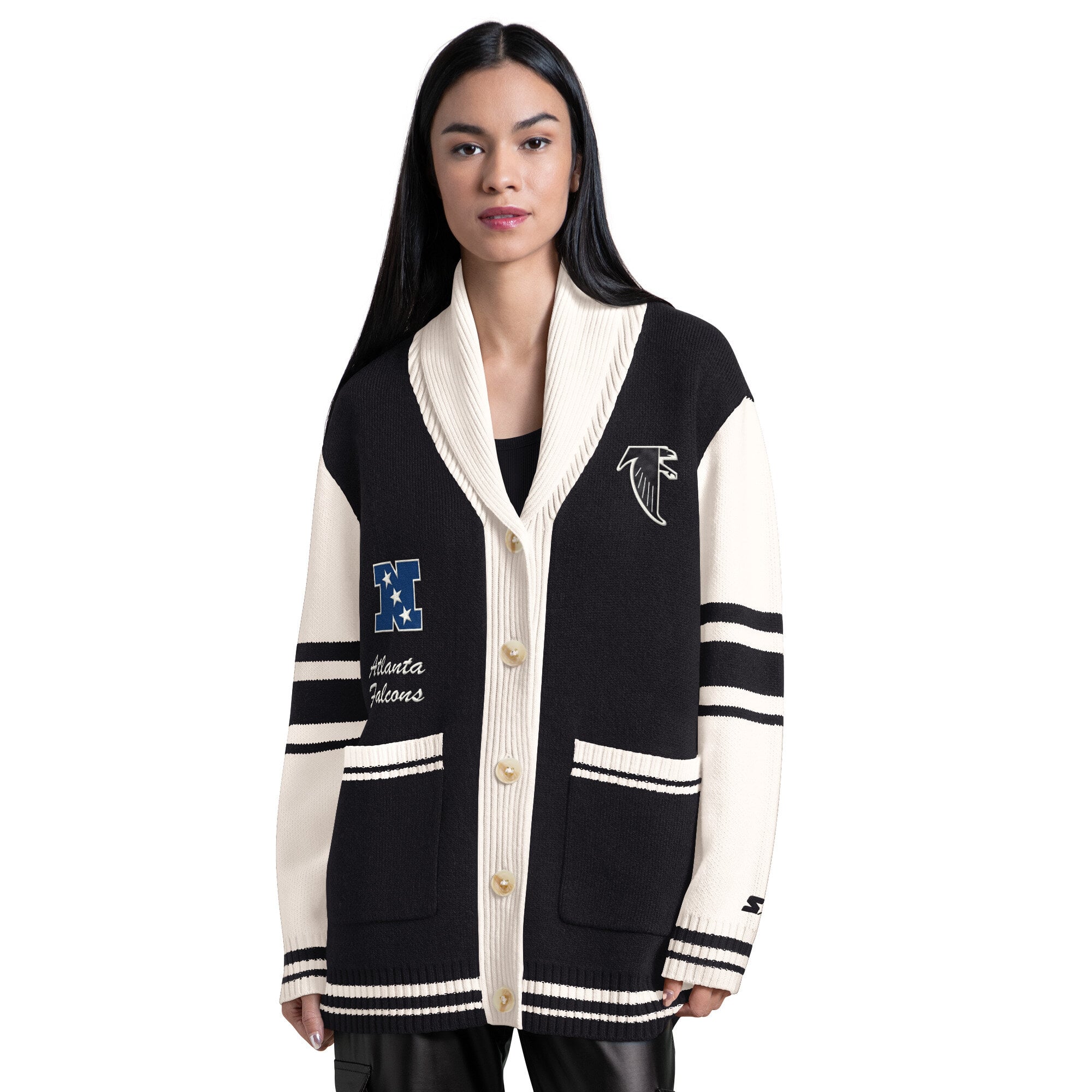 Gilet boutonné à col châle Starter noir Atlanta Falcons Strike Zone pour femme