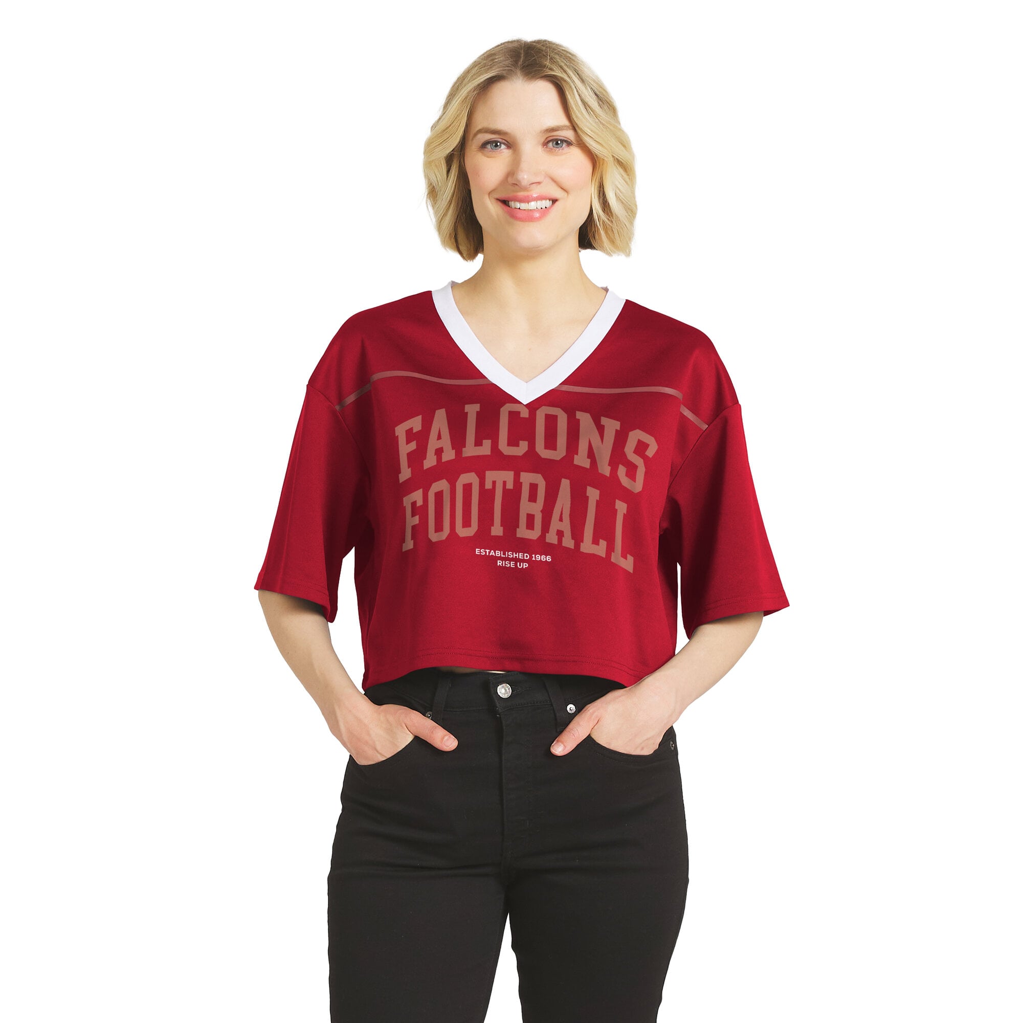 Women's WEAR by Erin Andrews Red Atlanta Falcons Cropped V-Neck Jersey T-Shirt
