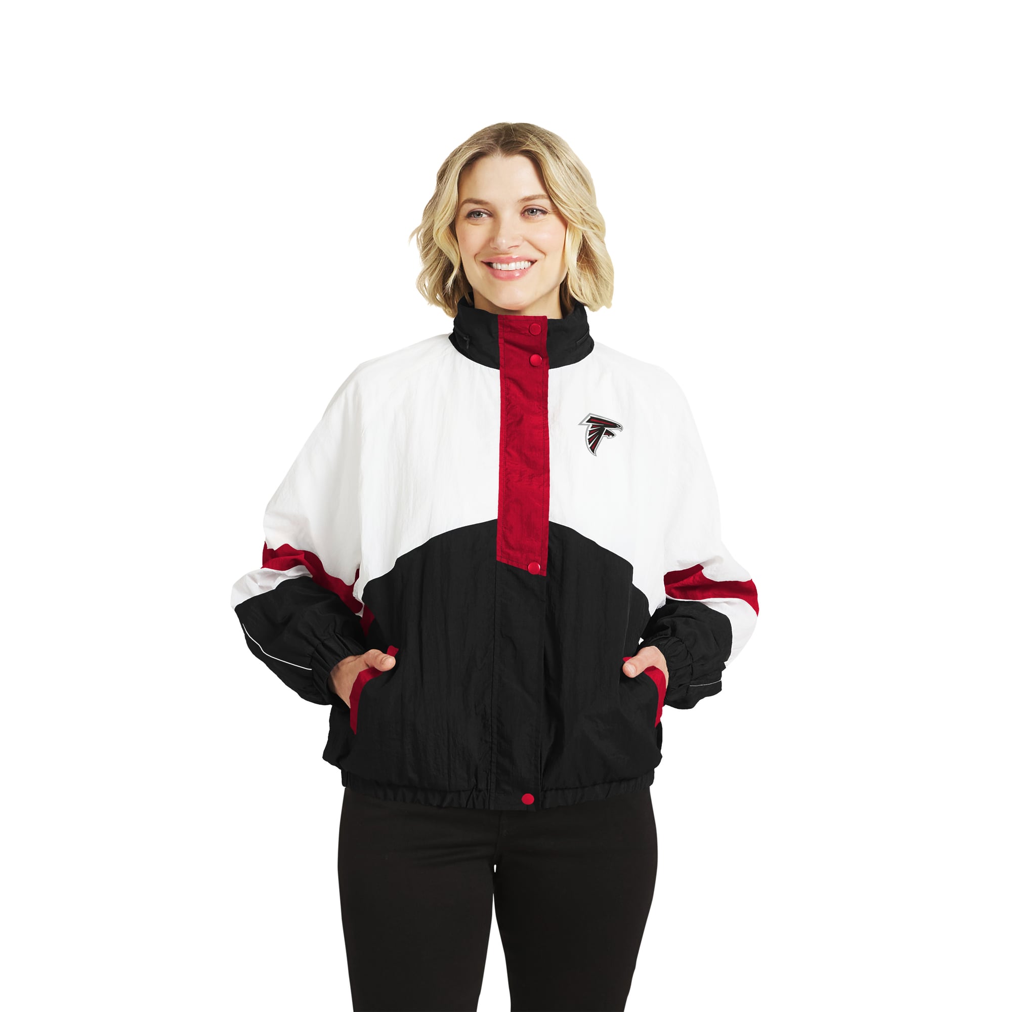 Veste coupe-vent à capuche zippée intégrale blanche et noire Atlanta Falcons de la marque WEAR by Erin Andrews pour femme