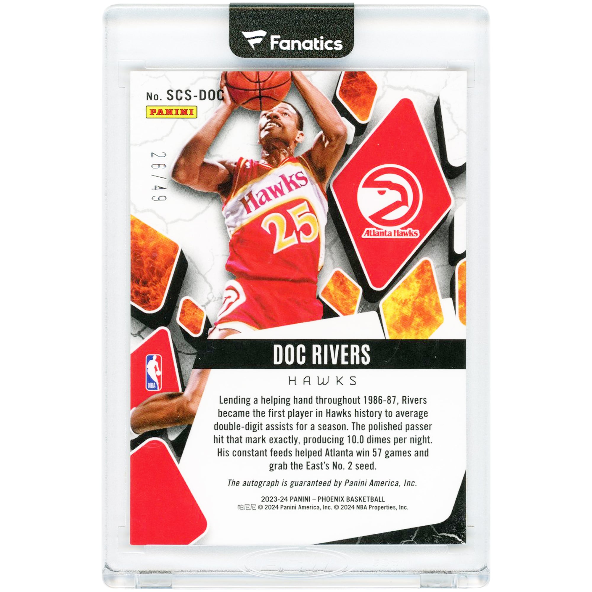 Carte autographiée Doc Rivers des Atlanta Hawks 2023-24 Panini Phoenix Orange Scorched #SCS-DOC #26/49