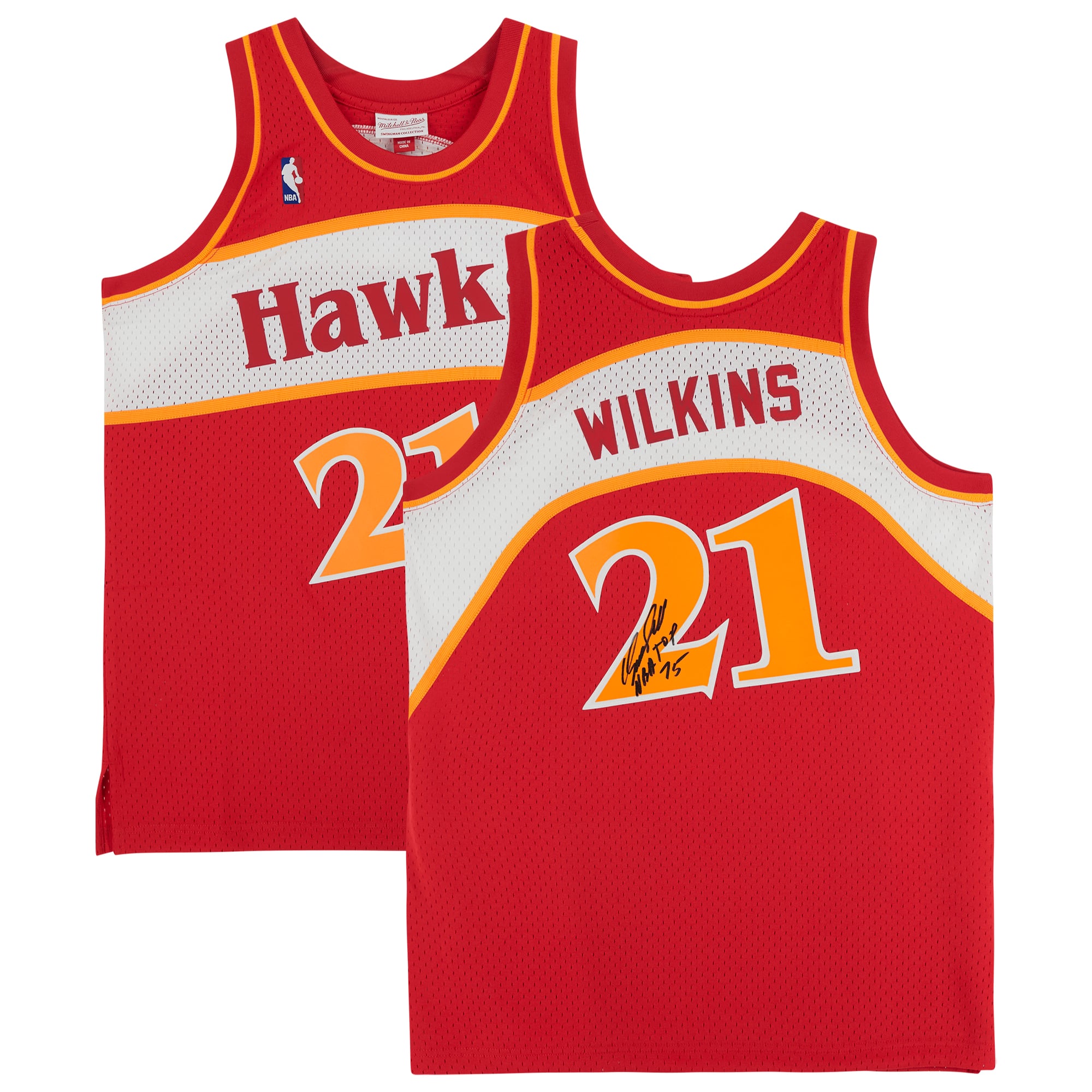 Maillot réplique autographié Mitchell & Ness 1986 des Atlanta Hawks par Dominique Wilkins avec inscription « NBA Top 75 »