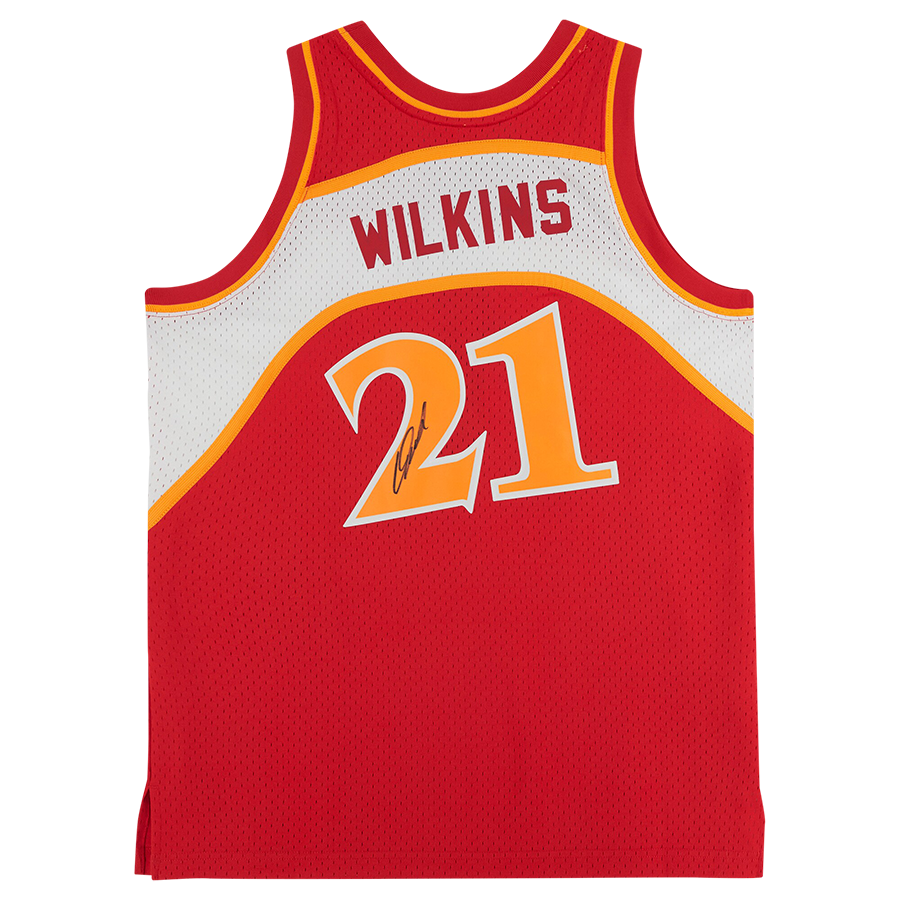 Maillot réplique autographié Mitchell & Ness 1986 des Atlanta Hawks par Dominique Wilkins
