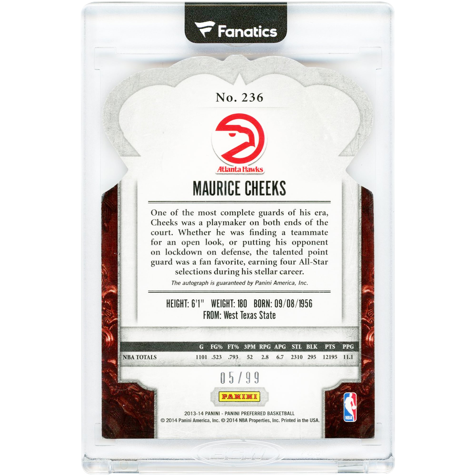 Carte autographiée de Maurice Cheeks (Atlanta Hawks) 2013-14 Panini Preferred Crown Royale n° 236, n° 5/99