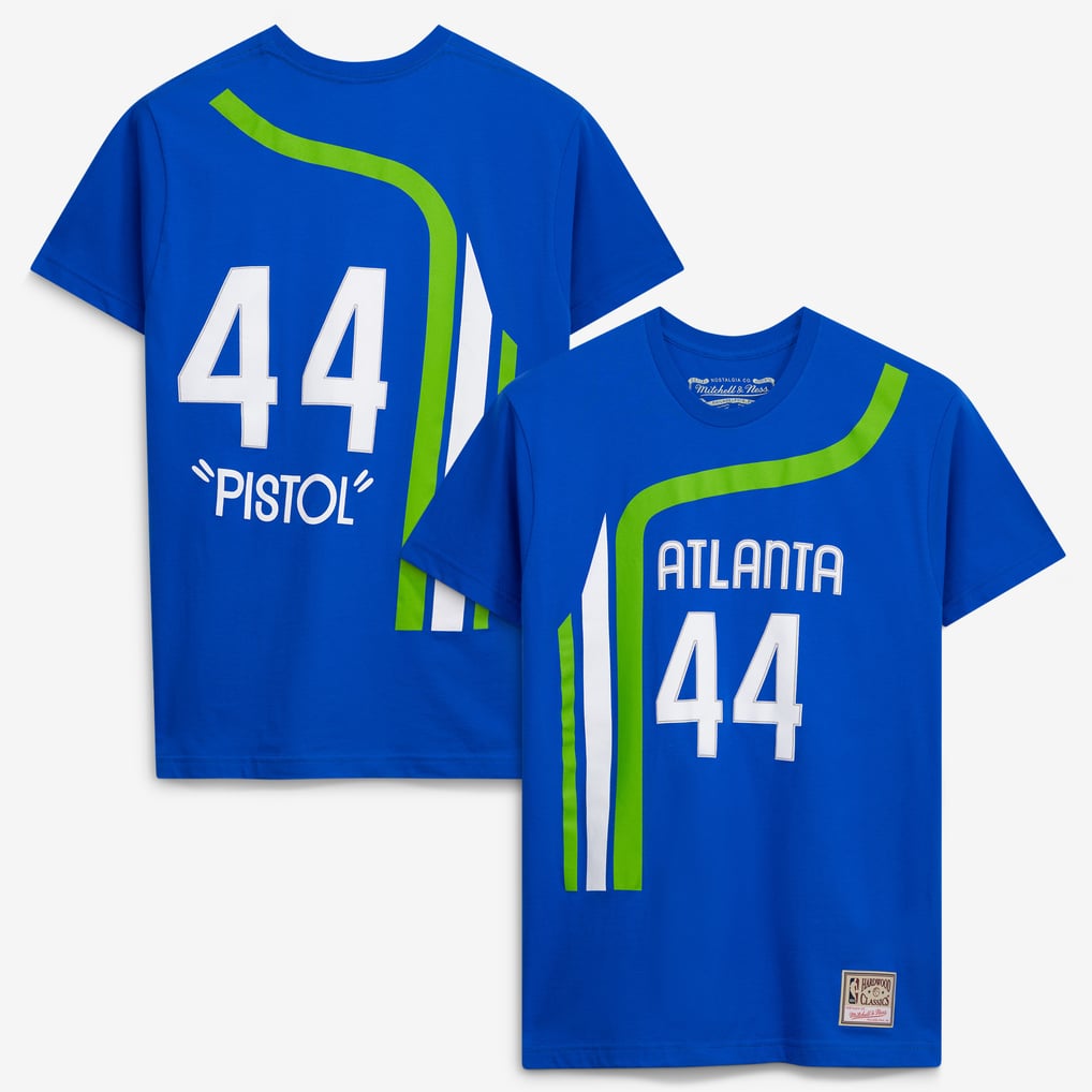 Pete Maravich Atlanta Hawks Mitchell & Ness Hardwood Classics Stitch Name & Number T-Shirt - Blue