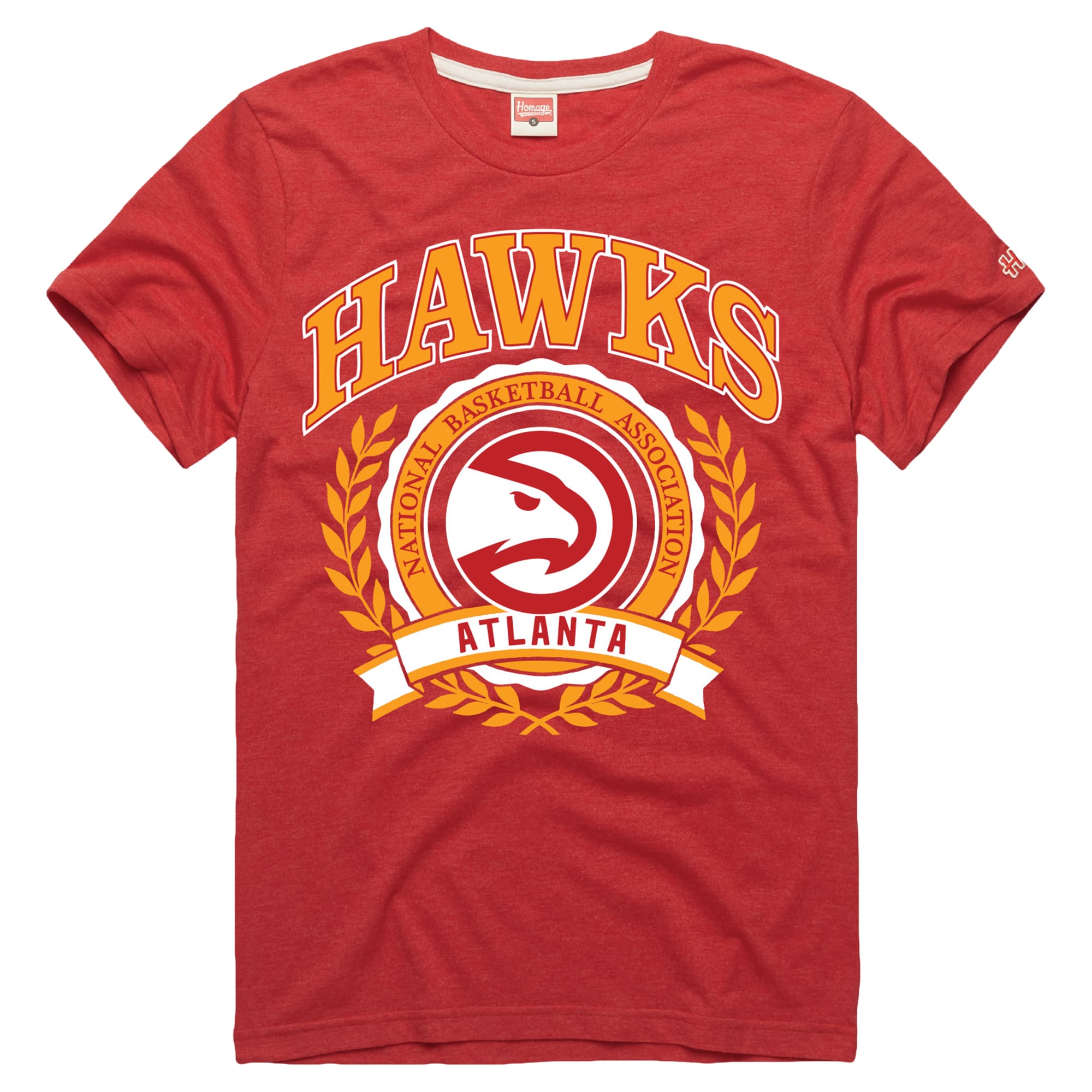 T-shirt unisexe rouge à motif écusson des Atlanta Hawks, en mélange de trois matières
