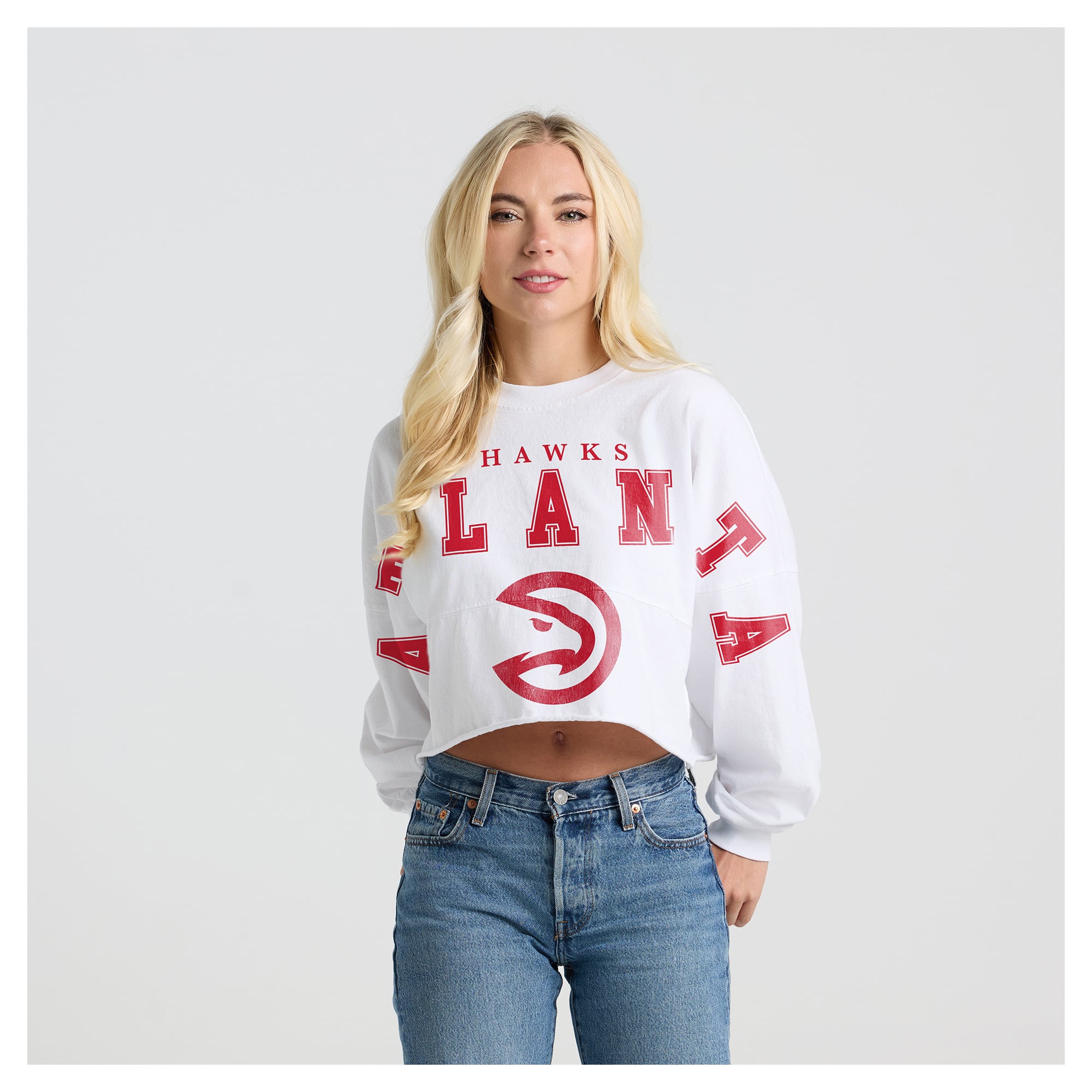 Women's Fanatics White Atlanta Hawks Spirit Jersey Cropped Crew Neck Sweatshirt