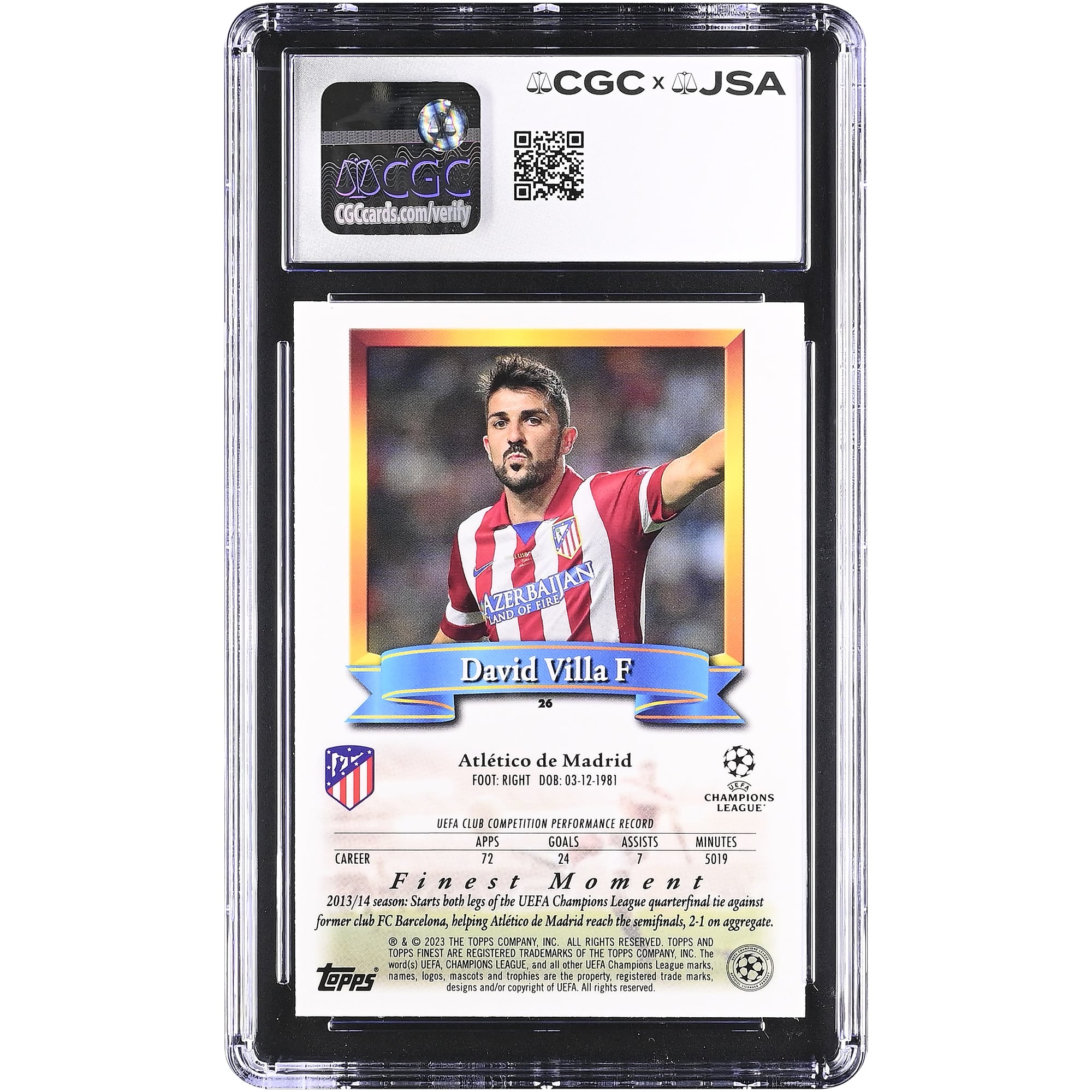 David Villa Atletico de Madrid Autographed 2022-23 Topps Finest Flashbacks UCC #26 CGC Authenticated GEM MINT 10 Card
