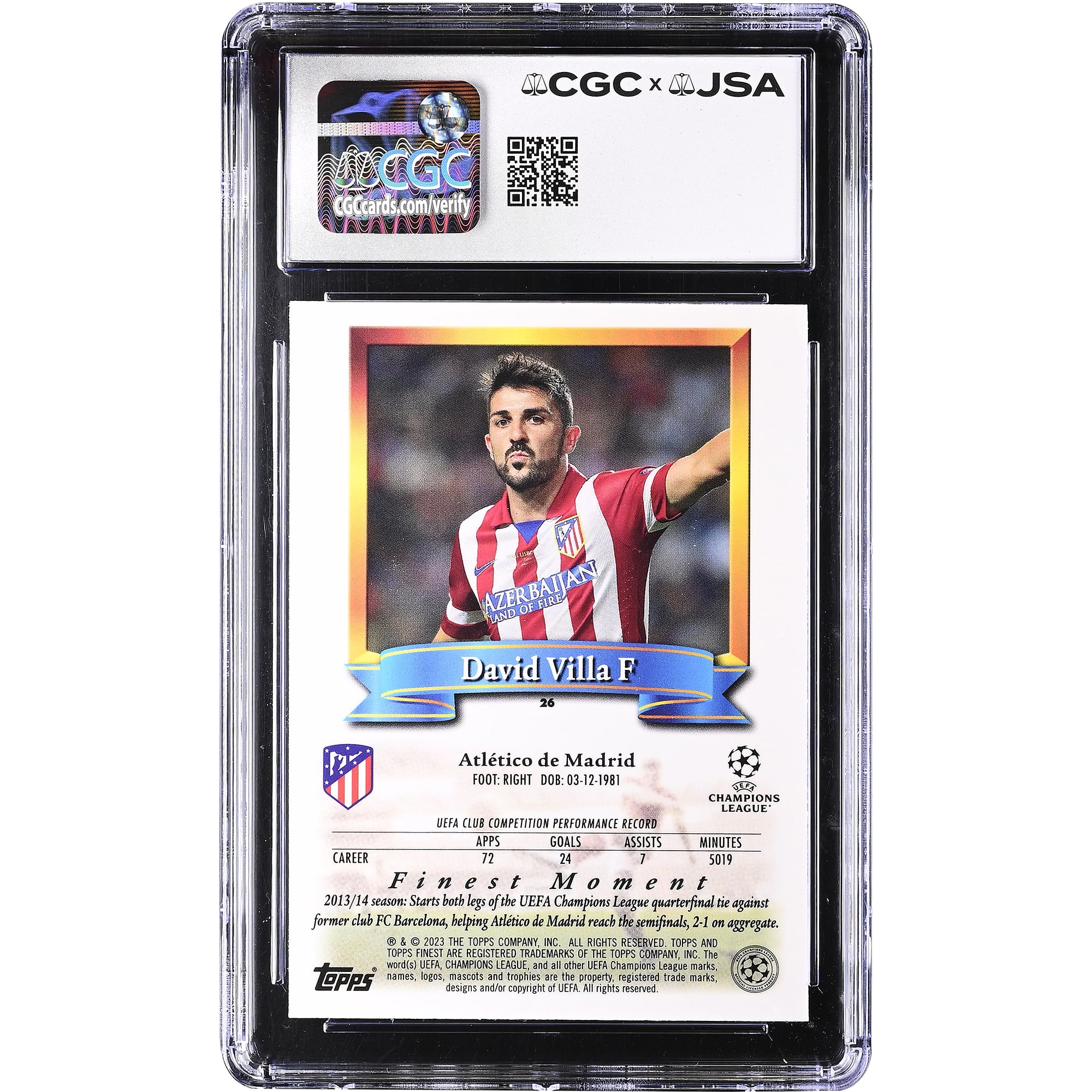 David Villa Atletico de Madrid Autographed 2022-23 Topps Finest Flashbacks UCC #26 CGC Authenticated MINT 9 Card