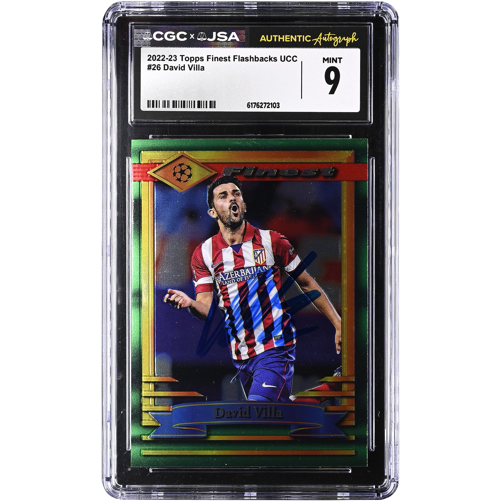 David Villa Atletico de Madrid Autographed 2022-23 Topps Finest Flashbacks UCC #26 CGC Authenticated MINT 9 Card