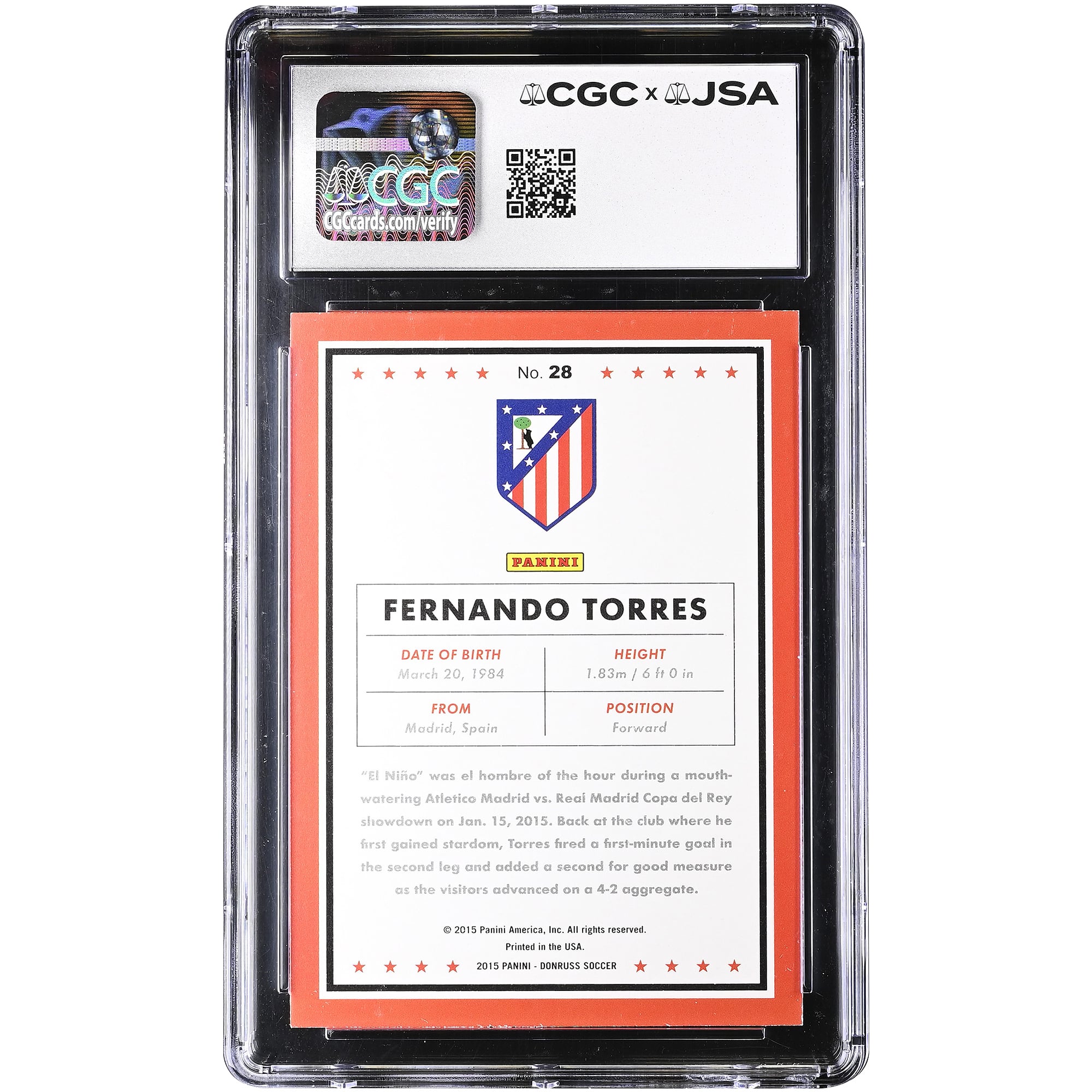 Carte autographiée de Fernando Torres (Atlético de Madrid) 2015 Panini Donruss n° 28, authentifiée CGC (9/10).