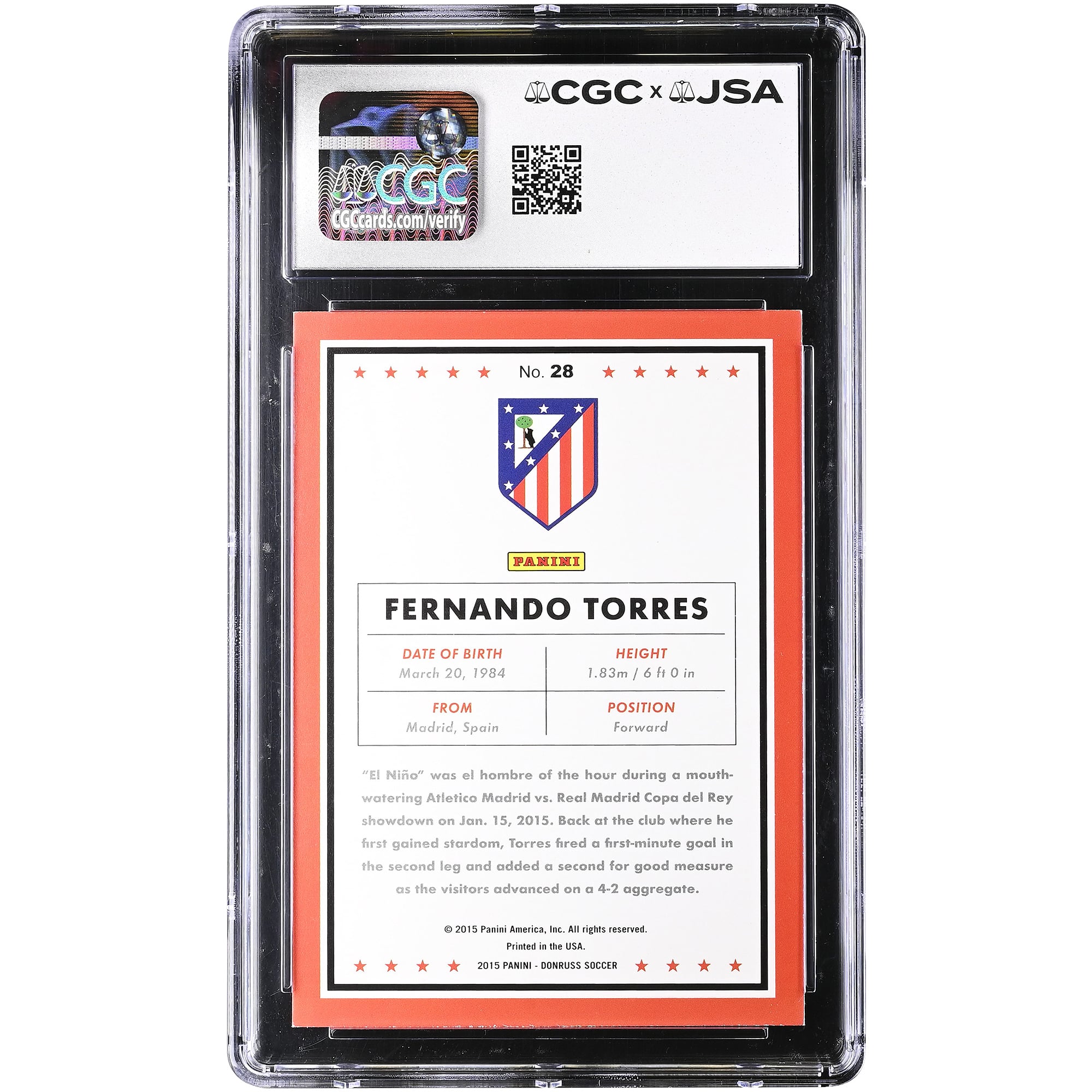Fernando Torres Atletico de Madrid Autographed 2015 Panini Donruss #28 CGC Authenticated Auto 10 Card