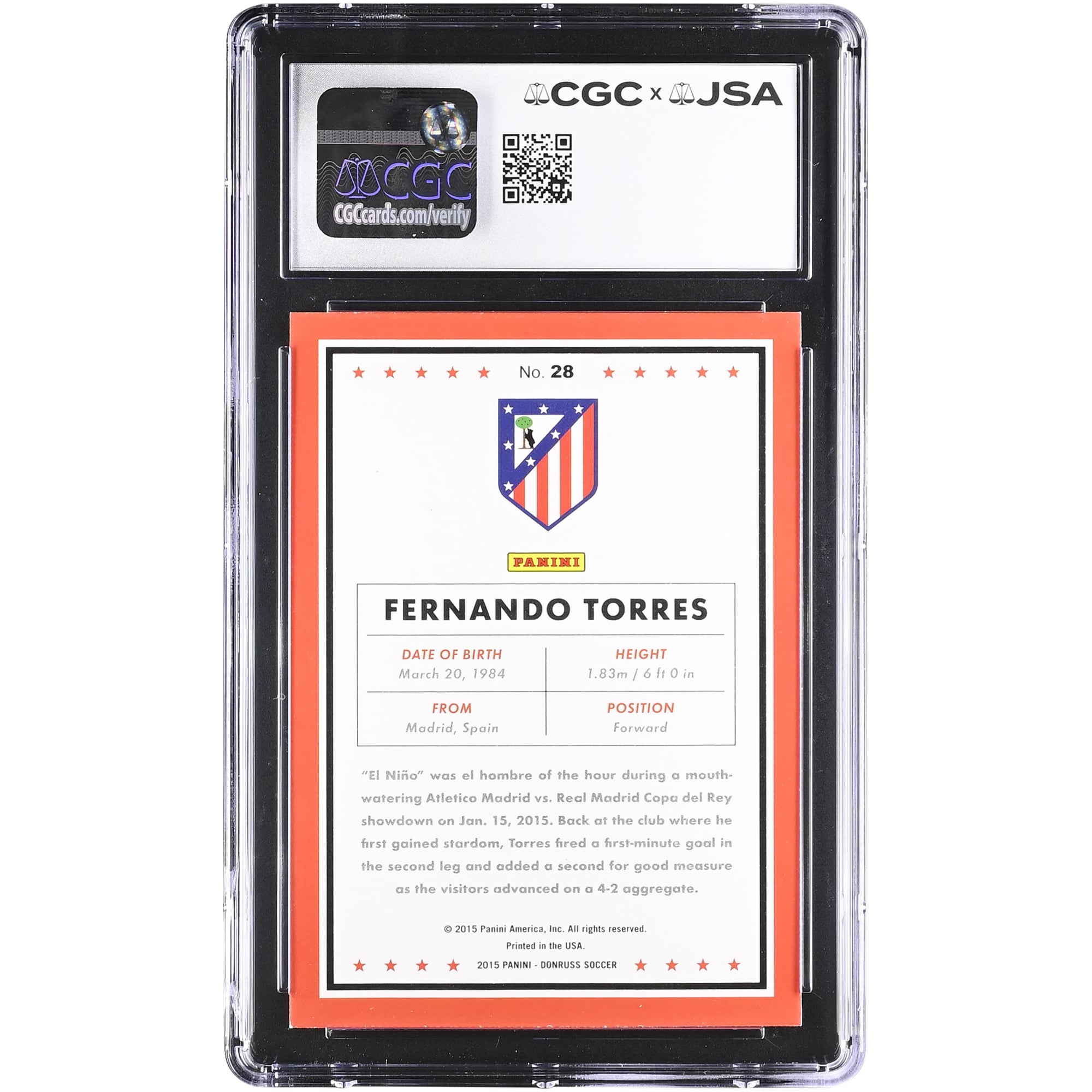 Fernando Torres Atletico de Madrid Autographed 2015 Panini Donruss #28 CGC Authenticated Mint 9 Card