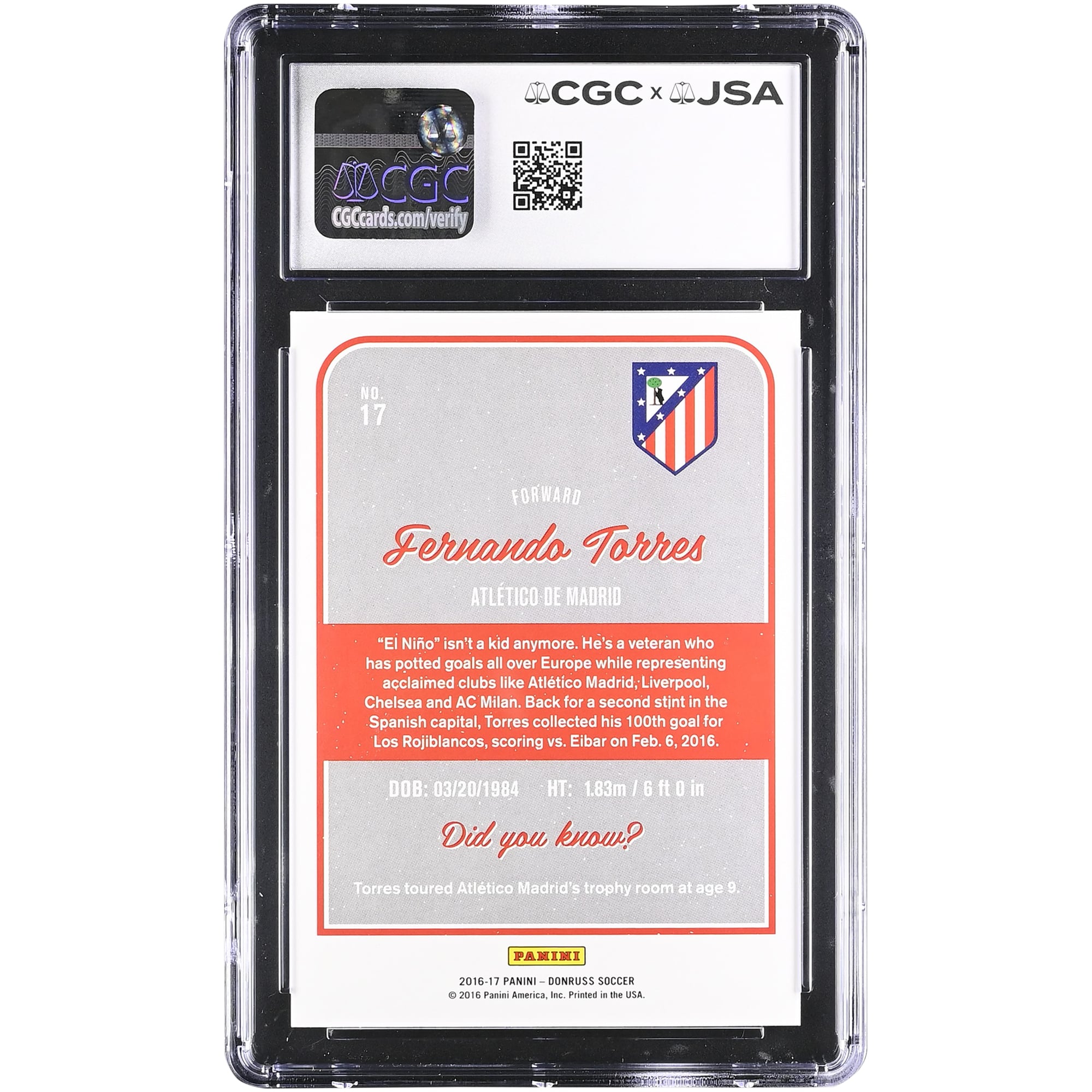 Fernando Torres Atletico de Madrid Autographed 2016-17 Panini Donruss #17 CGC Authenticated 10/10 Card