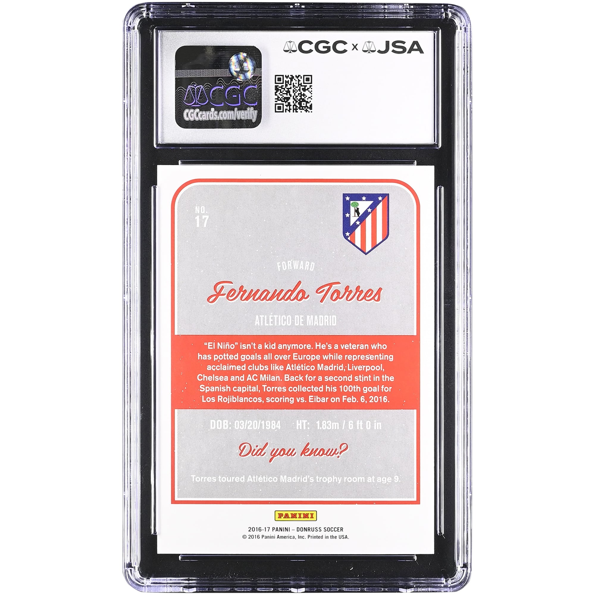 Fernando Torres Atletico de Madrid Autographed 2016-17 Panini Donruss #17 CGC Authenticated Auto 10 Card