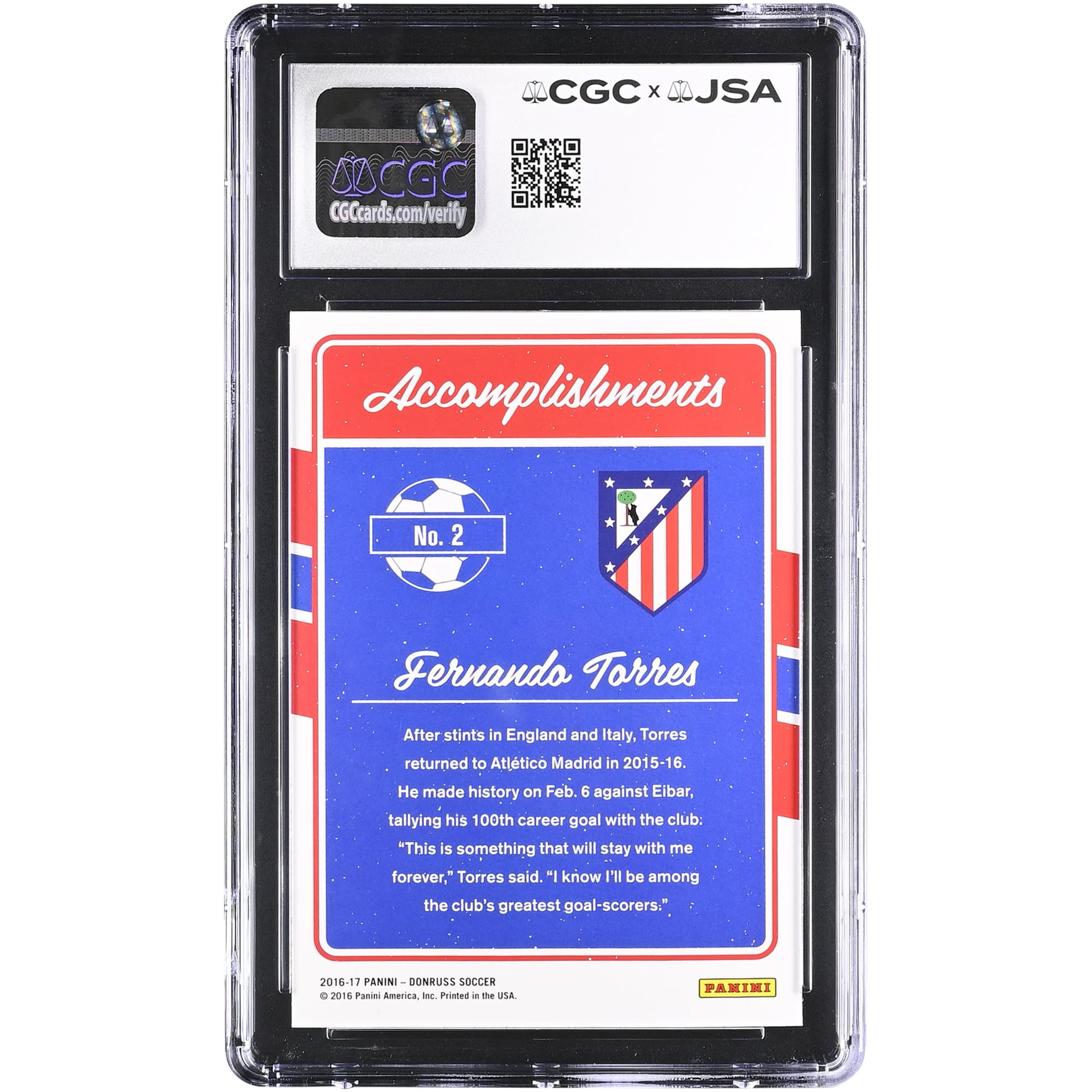 Fernando Torres Atletico de Madrid Autographed 2016 Panini Donruss Accomplishments #2 CGC Authenticated 10/10 Card