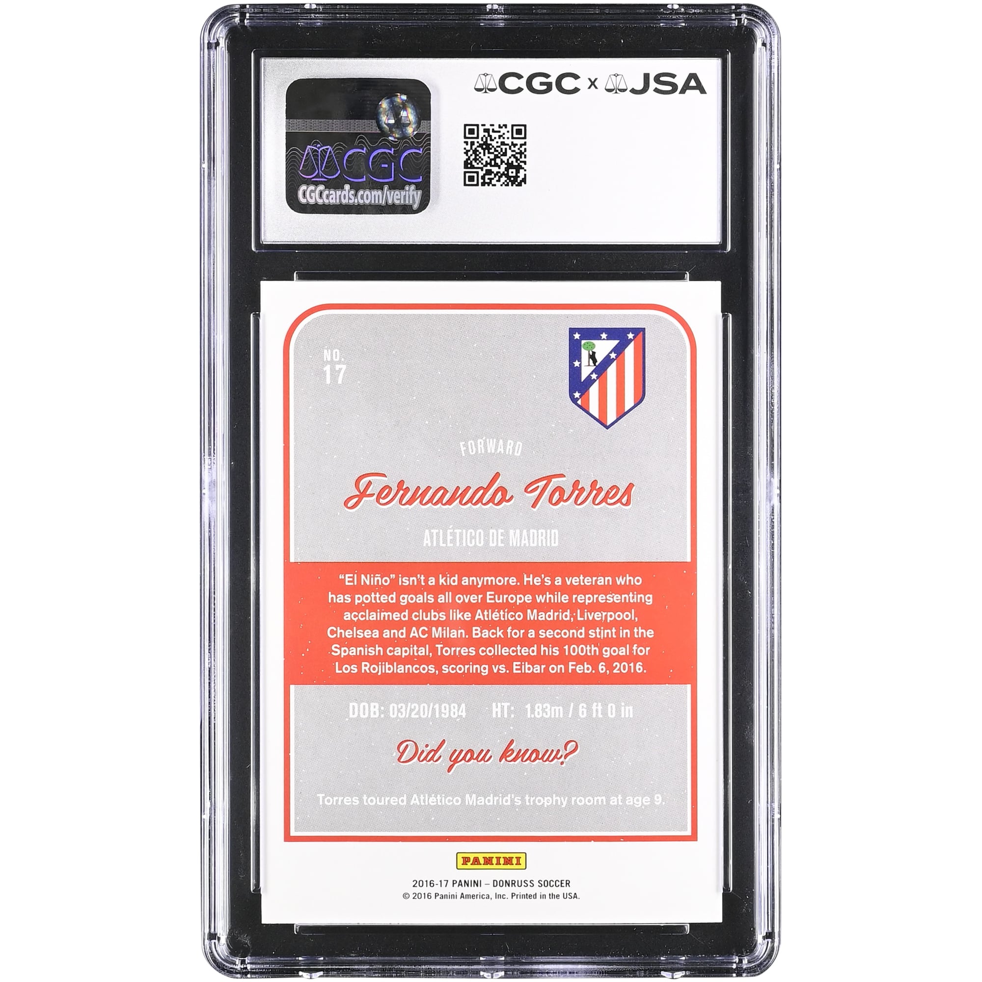 Fernando Torres Atletico de Madrid Autographed 2016 Panini Donruss Silver #17 CGC Authenticated 10/10 Card