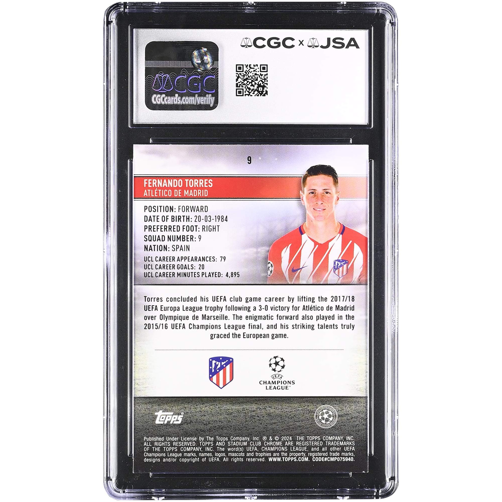 Fernando Torres Atletico de Madrid Autographed 2023-24 Topps Stadium Club Chrome UCL #9 CGC Authenticated 9/10 Card