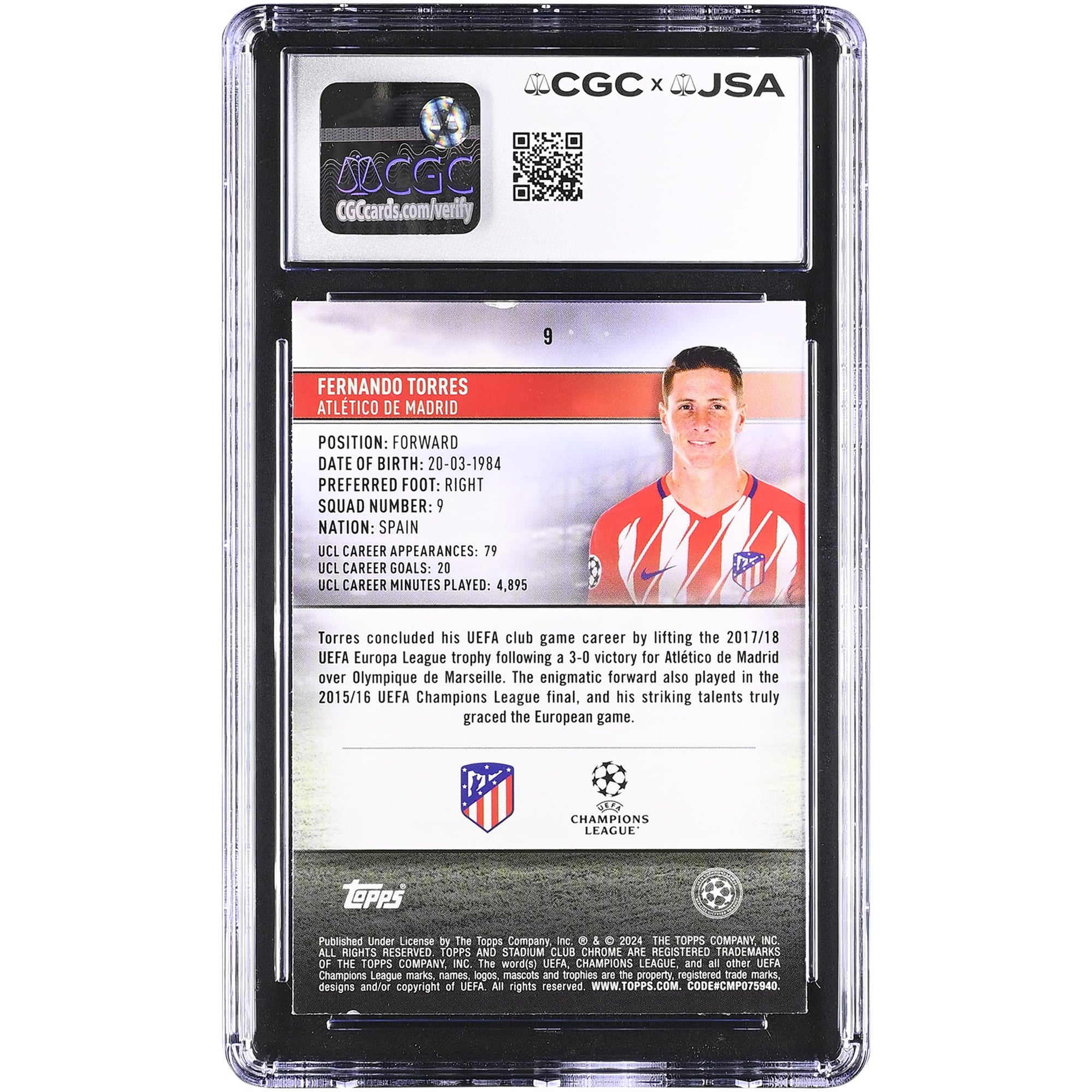 Fernando Torres Atletico de Madrid Autographed 2023-24 Topps Stadium Club Chrome UCL #9 CGC Authenticated Auto 10 Card