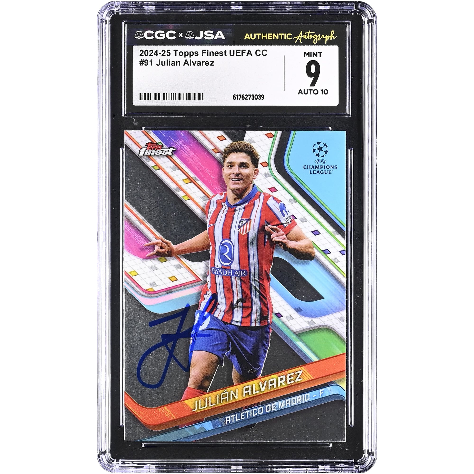 Julián Alvarez Atletico de Madrid Autographed 2024-25 Topps Finest UEFA CC #91 CGC Authenticated 9/10 Card