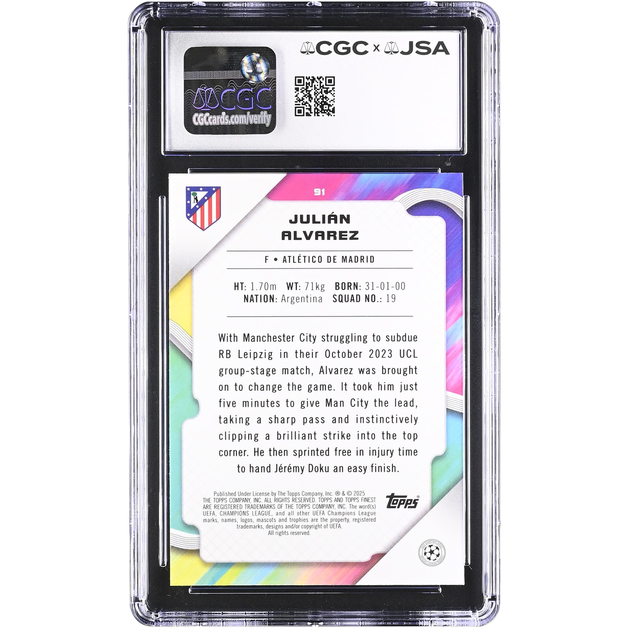 Julián Alvarez Atletico de Madrid Autographed 2024-25 Topps Finest UEFA CC #91 CGC Authenticated 9/10 Card