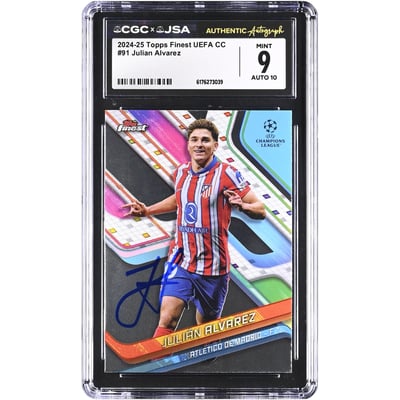 Julián Alvarez Atletico de Madrid Autographed 2024-25 Topps Finest UEFA CC #91 CGC Authenticated 9/10 Card