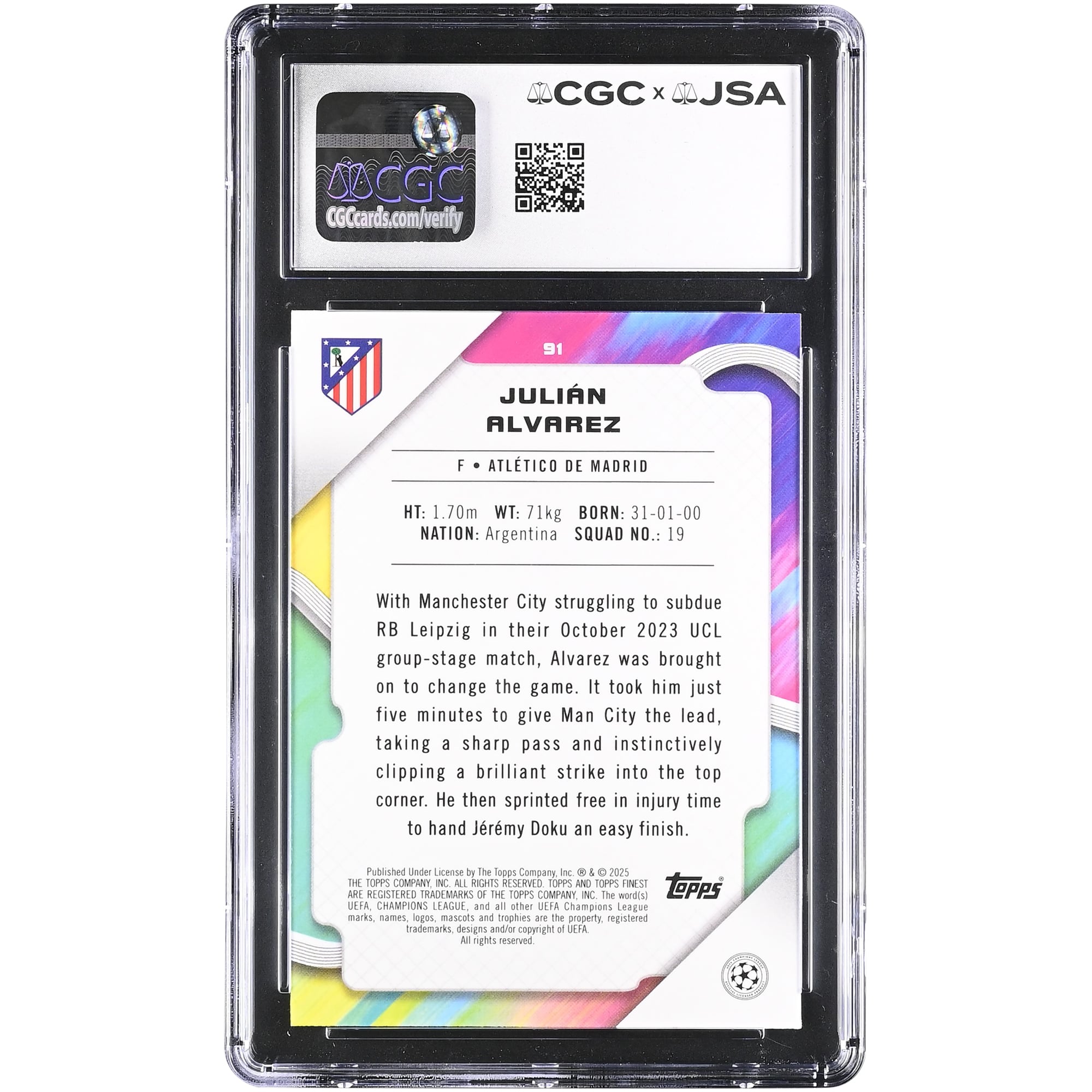 Julián Alvarez Atletico de Madrid Autographed 2024-25 Topps Finest UEFA CC #91 CGC Authenticated Auto 10 Card