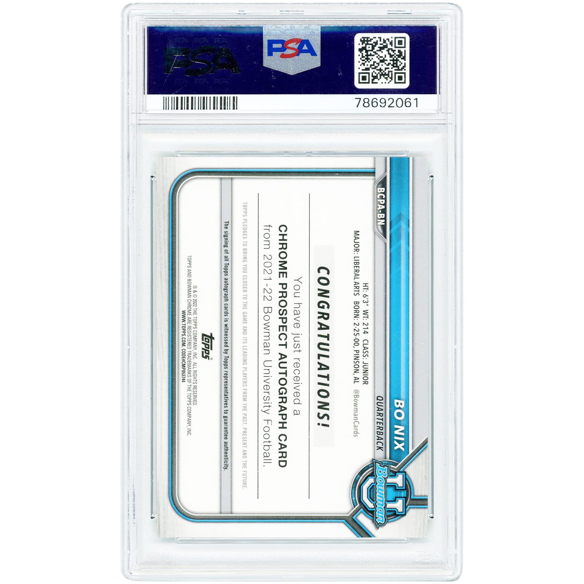 Carte authentifiée PSA 10 authentifiée par Bo Nix (Auburn Tigers), 2021 Bowman University Chrome Prospect Green Refractor #BCPA-BN #46/99