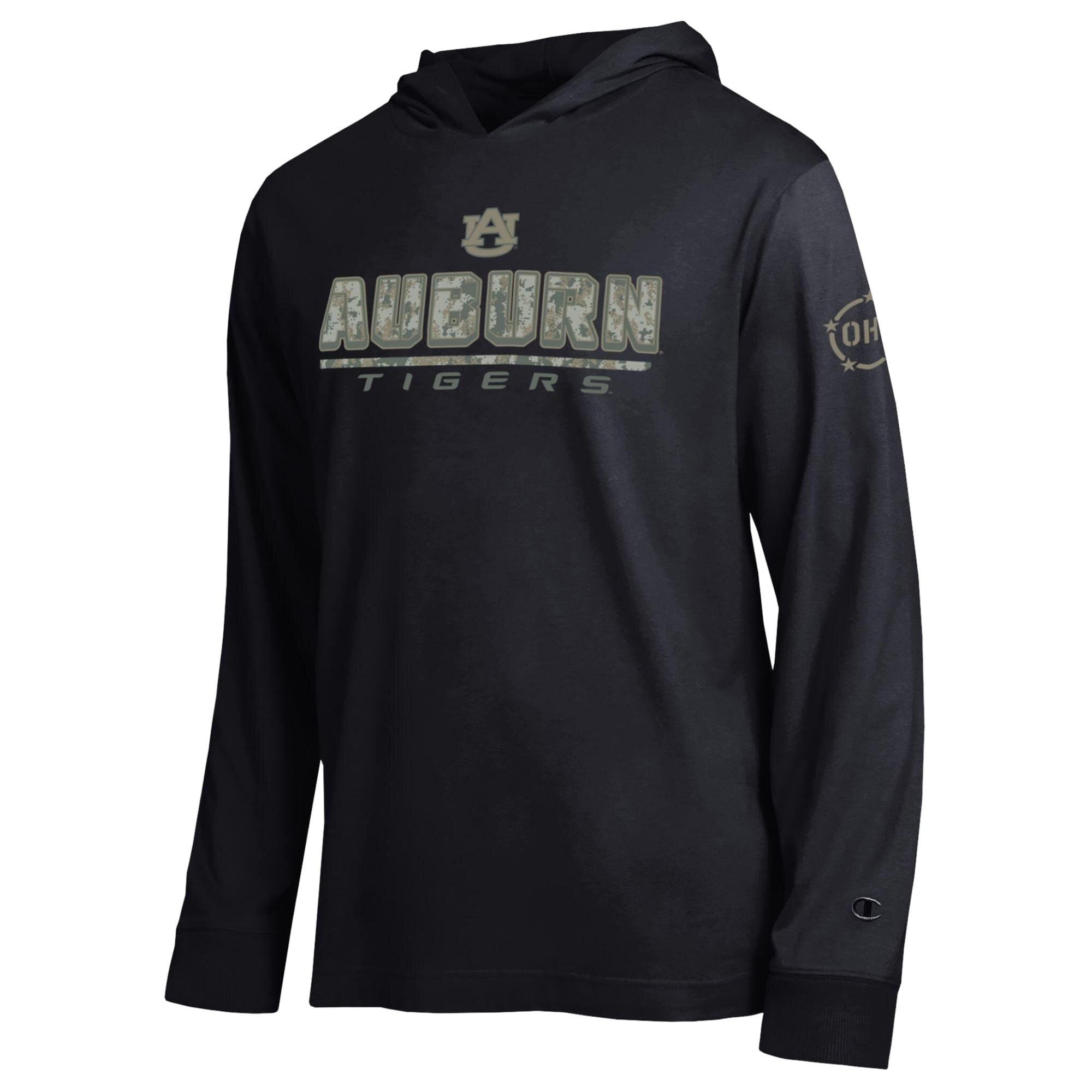 T-shirt à manches longues et capuche Champion Black Auburn Tigers Operation Hat Trick Camo Script pour homme