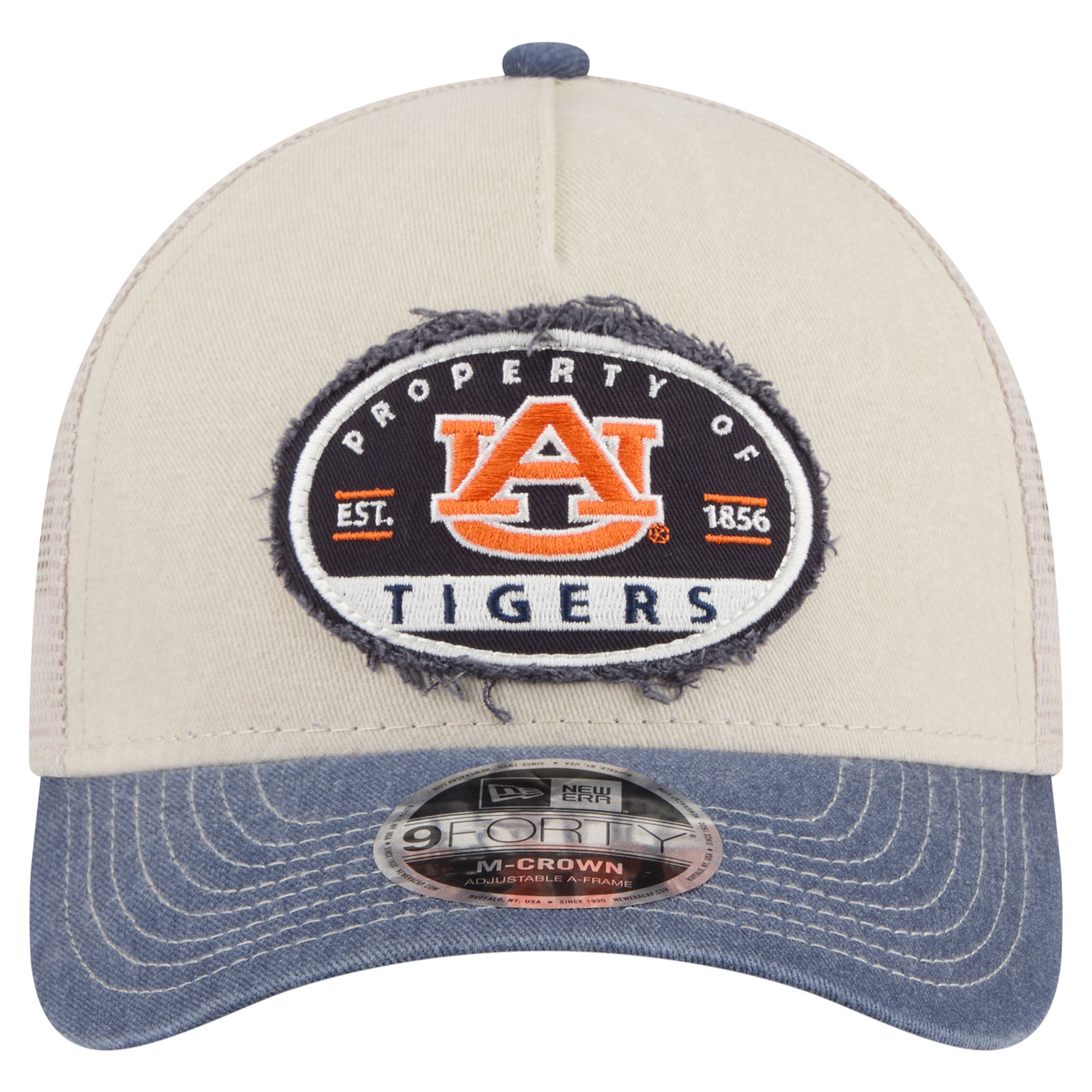 Men's New Era  Stone/Navy Auburn Tigers Frayed Patch 9FORTY M-Crown A-Frame Trucker Adjustable Hat