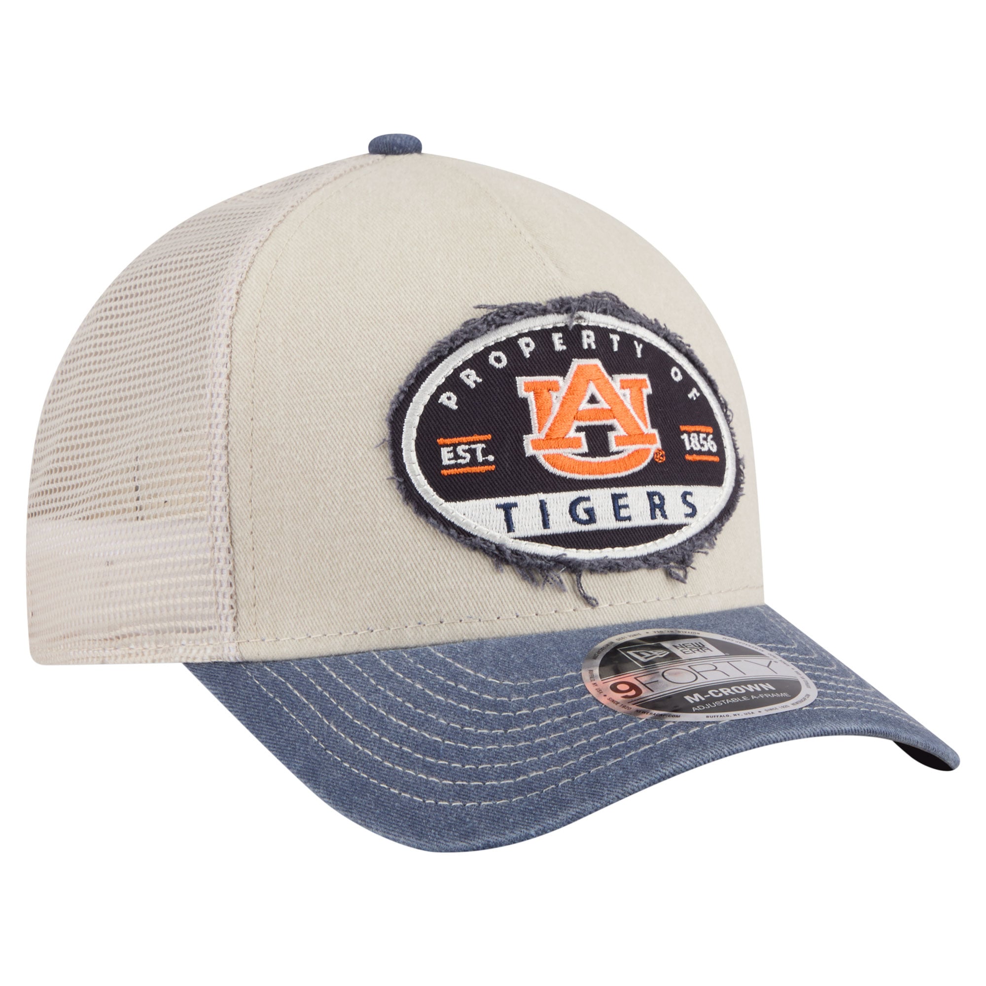 Men's New Era  Stone/Navy Auburn Tigers Frayed Patch 9FORTY M-Crown A-Frame Trucker Adjustable Hat