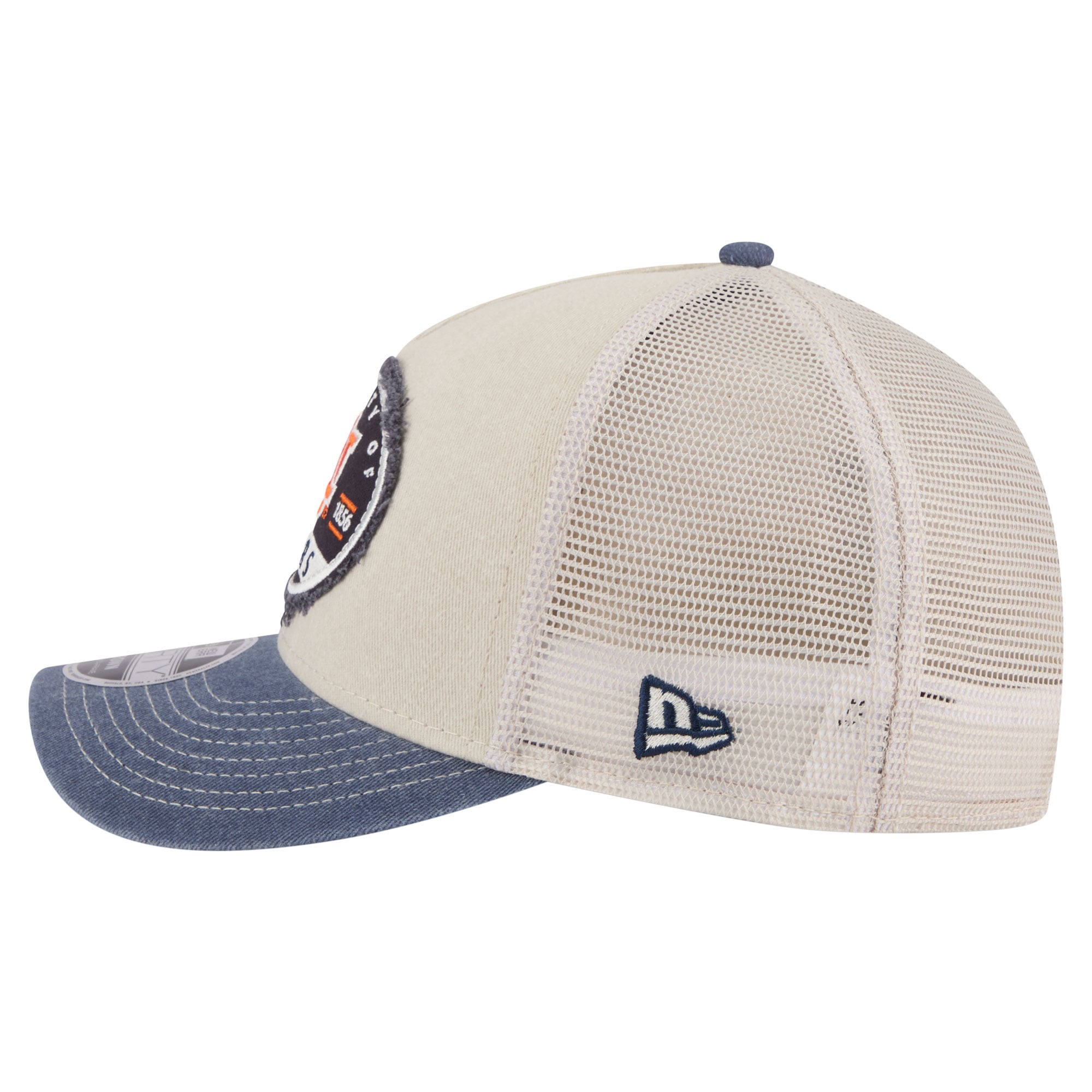 Men's New Era  Stone/Navy Auburn Tigers Frayed Patch 9FORTY M-Crown A-Frame Trucker Adjustable Hat