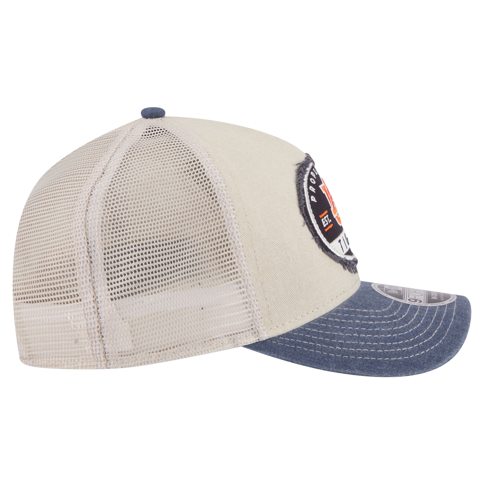 Men's New Era  Stone/Navy Auburn Tigers Frayed Patch 9FORTY M-Crown A-Frame Trucker Adjustable Hat