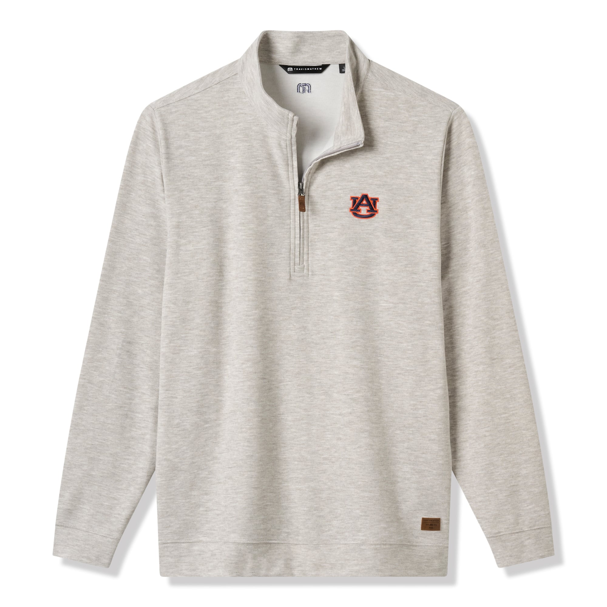 Pull TravisMathew pour homme, gris chiné, Auburn Tigers Cloud Home Game, col zippé, mélange de trois matières.