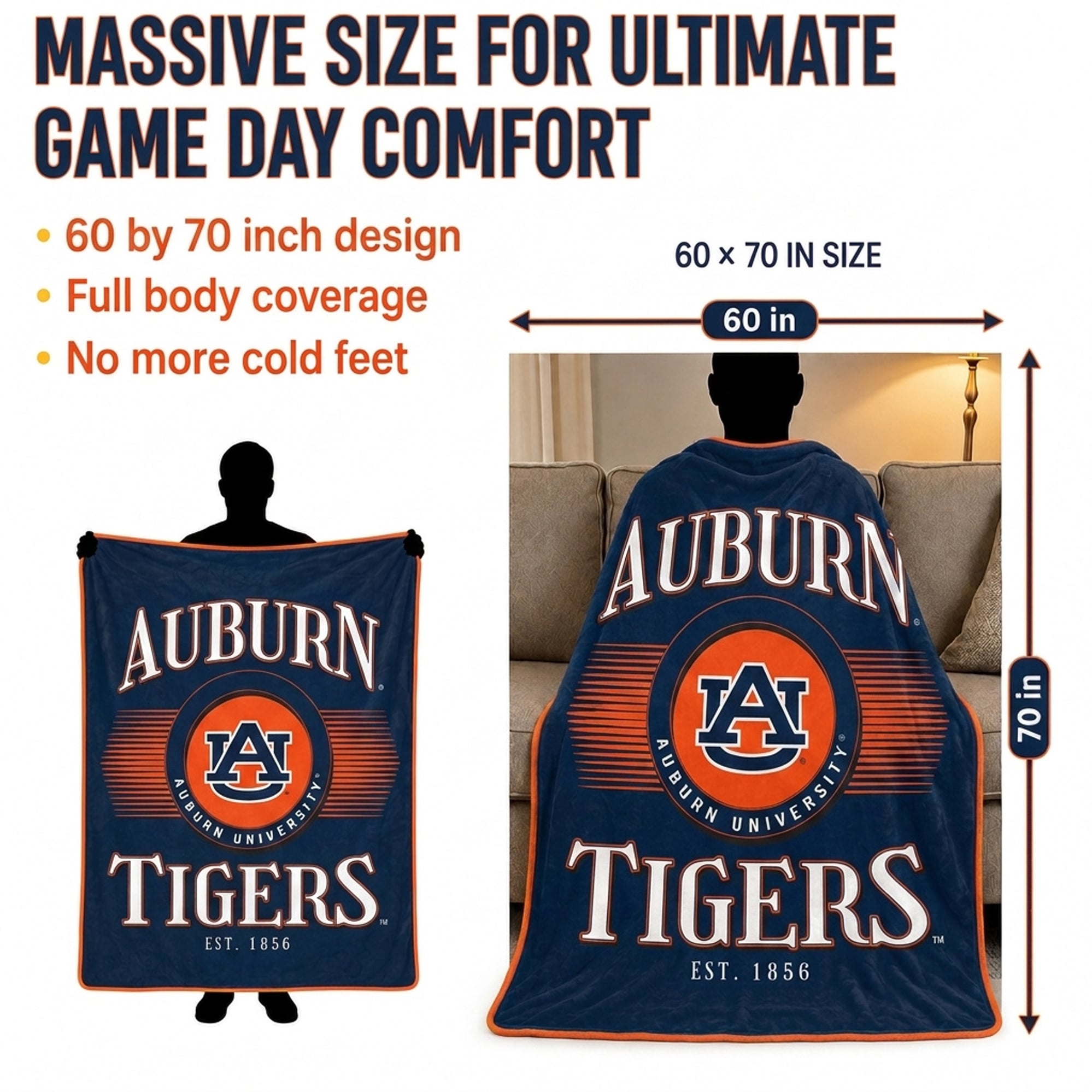 Couverture Pegasus Auburn Tigers Spotlight Arch 60" x 70" ultra douce