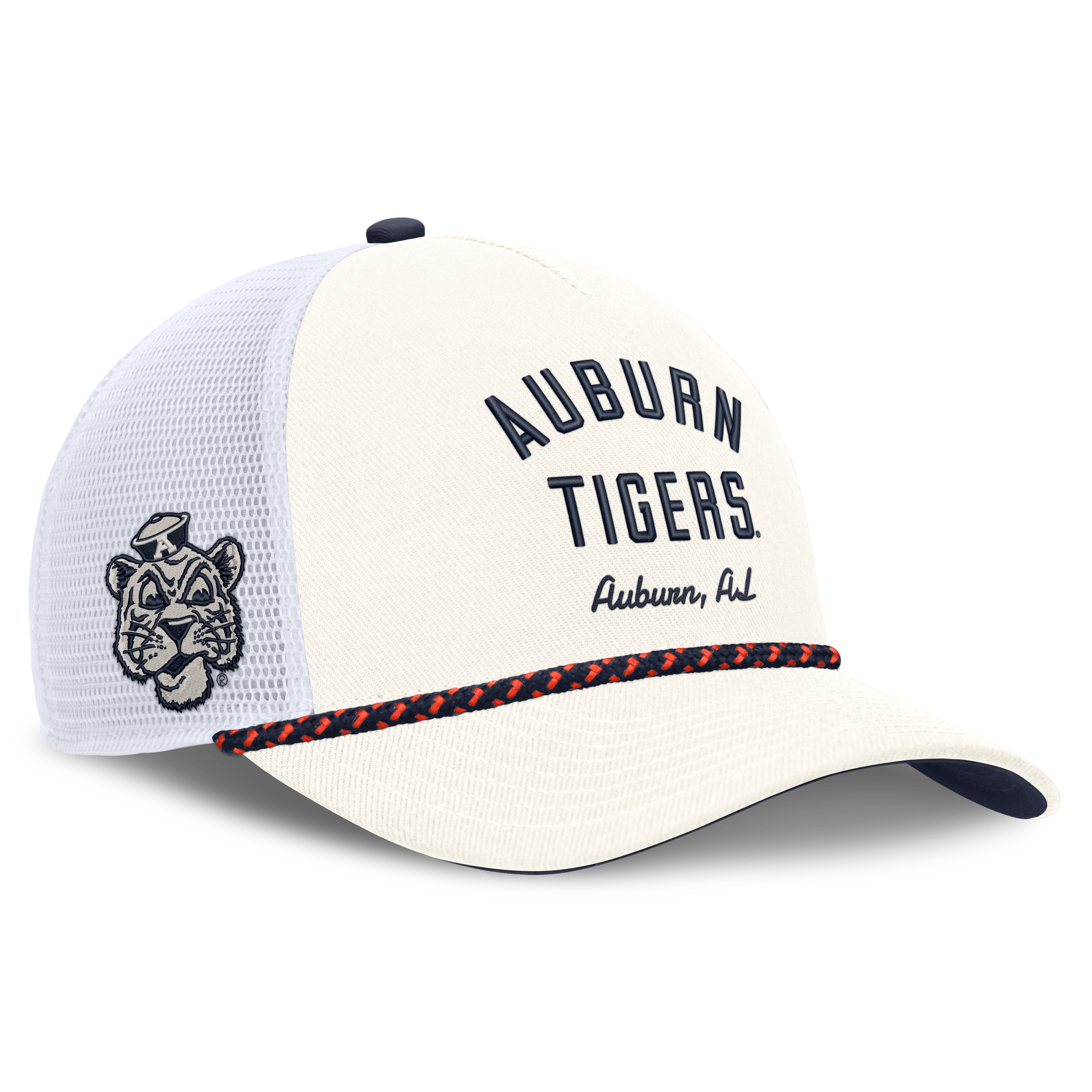 Casquette trucker unisexe Nike blanche à l'effigie de la mascotte des Auburn Tigers, modèle Rope, ajustable.