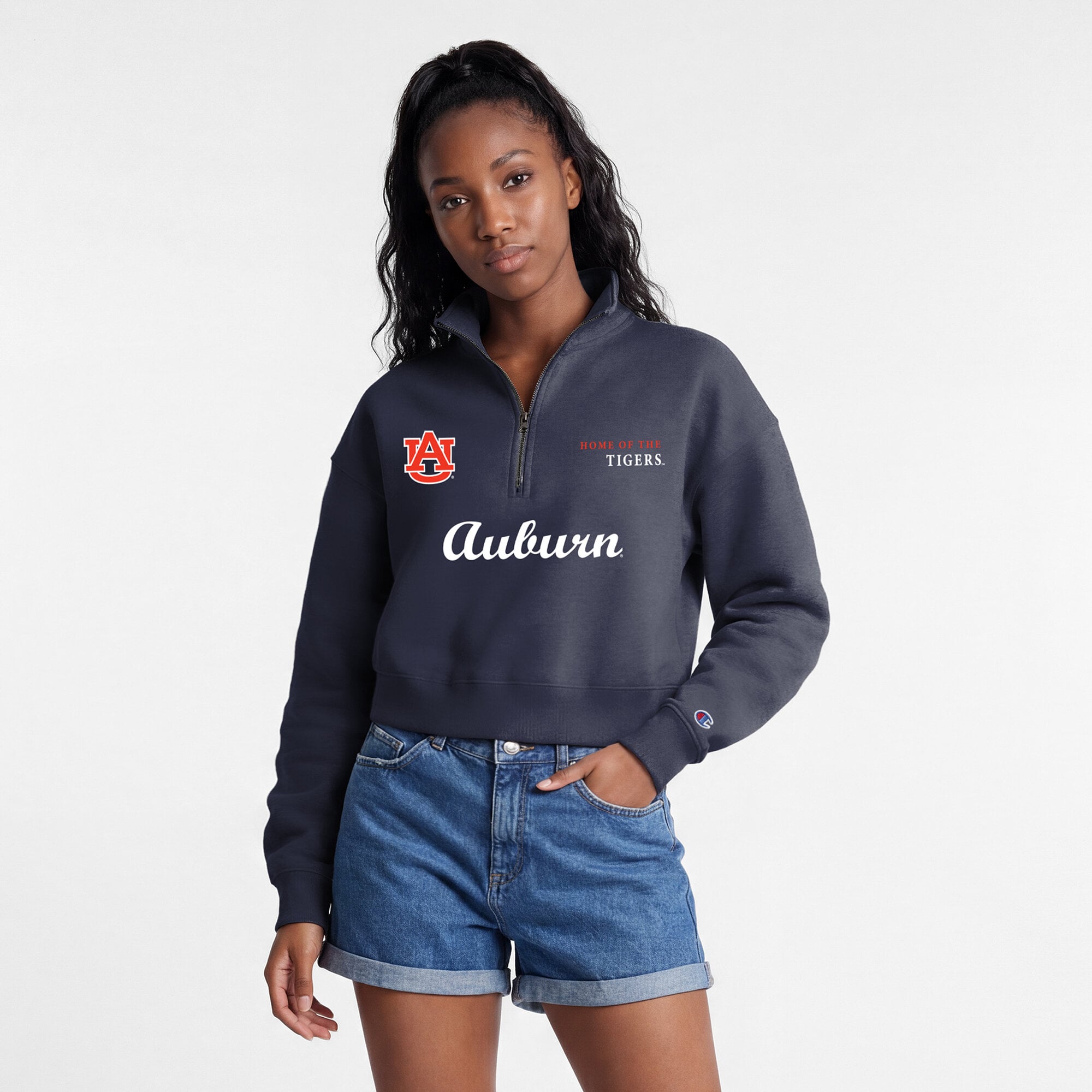 Women's Champion Navy Auburn Tigers Academic Triumph Quarter-Zip Tri-Blend Pullover