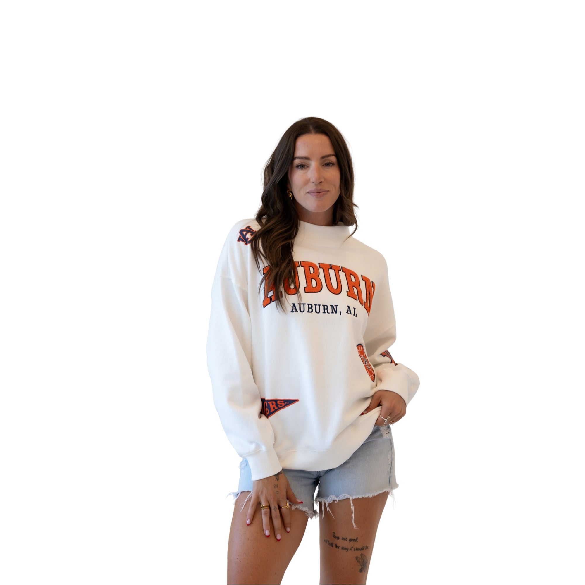 Women's Gameday Social White Auburn Tigers Patch Mockneck Sweatshirt
