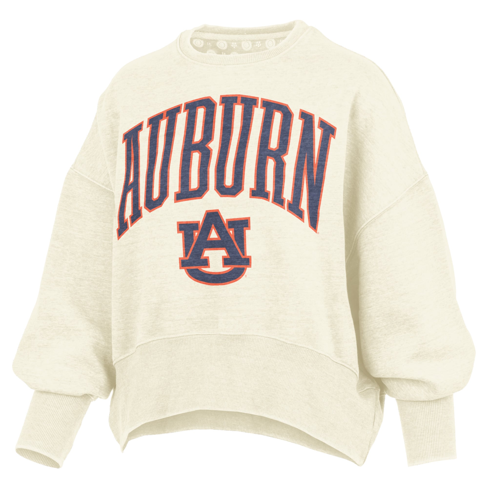 Women's Pressbox Natural Auburn Tigers Oversized Waist-Length Crewneck Sweatshirt