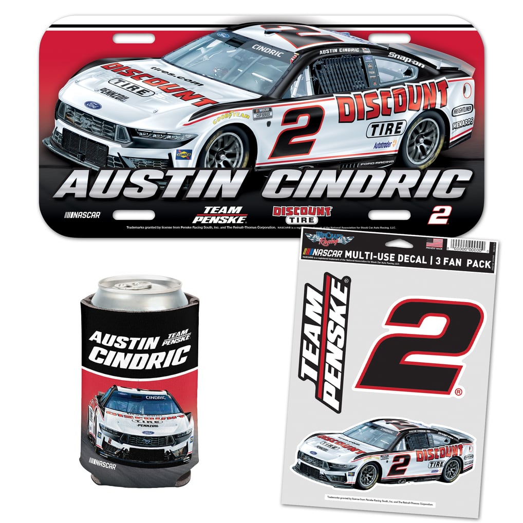 Pack pour supporter Austin Cindric WinCraft Discount Tire avec plaque d'immatriculation, autocollants et refroidisseur de canette