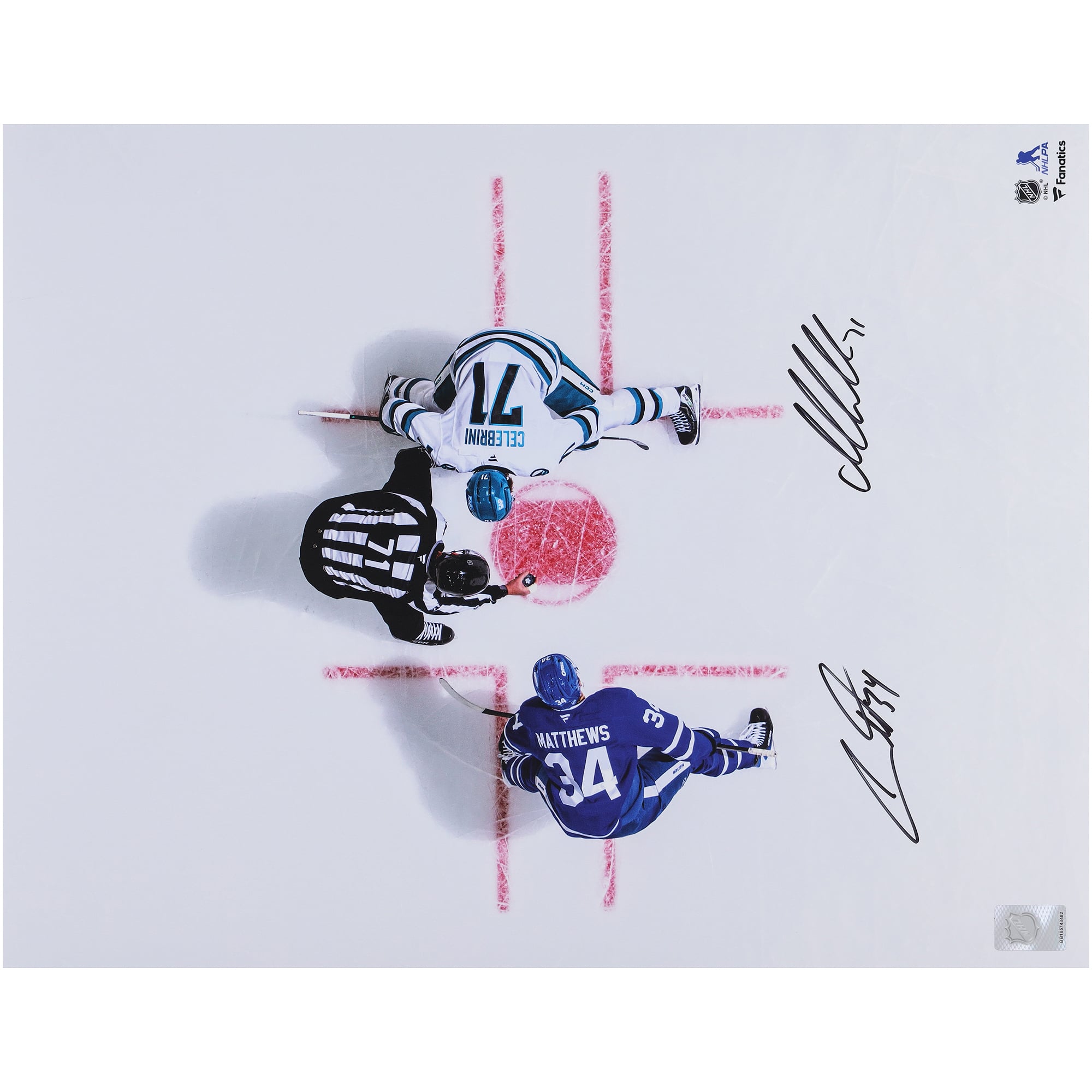 Photo dédicacée de 40 x 50 cm d'Auston Matthews et Macklin Celebrini lors du face-à-face