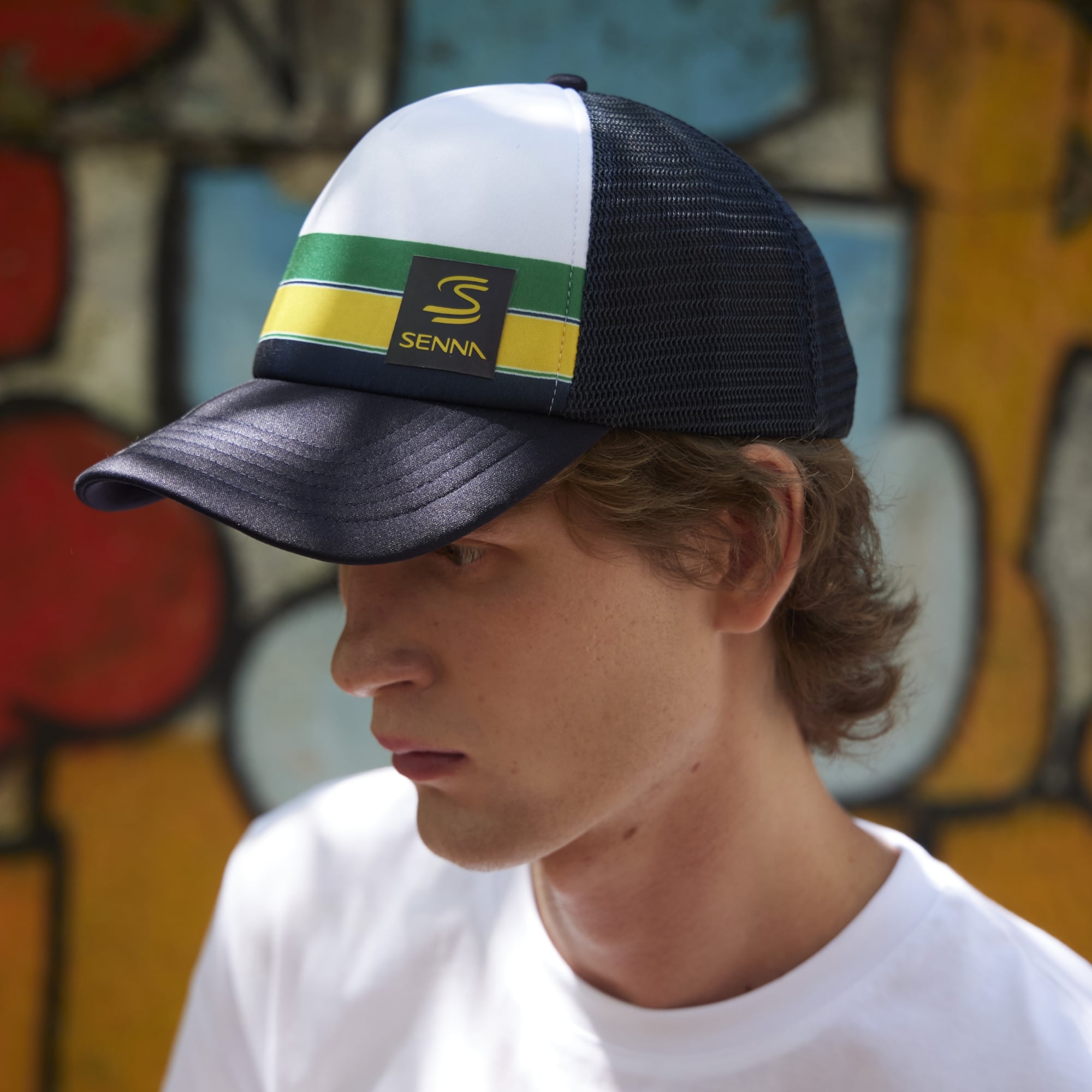 Men's Formula 1 White Ayrton Senna Helmet Badge Trucker Adjustable Hat