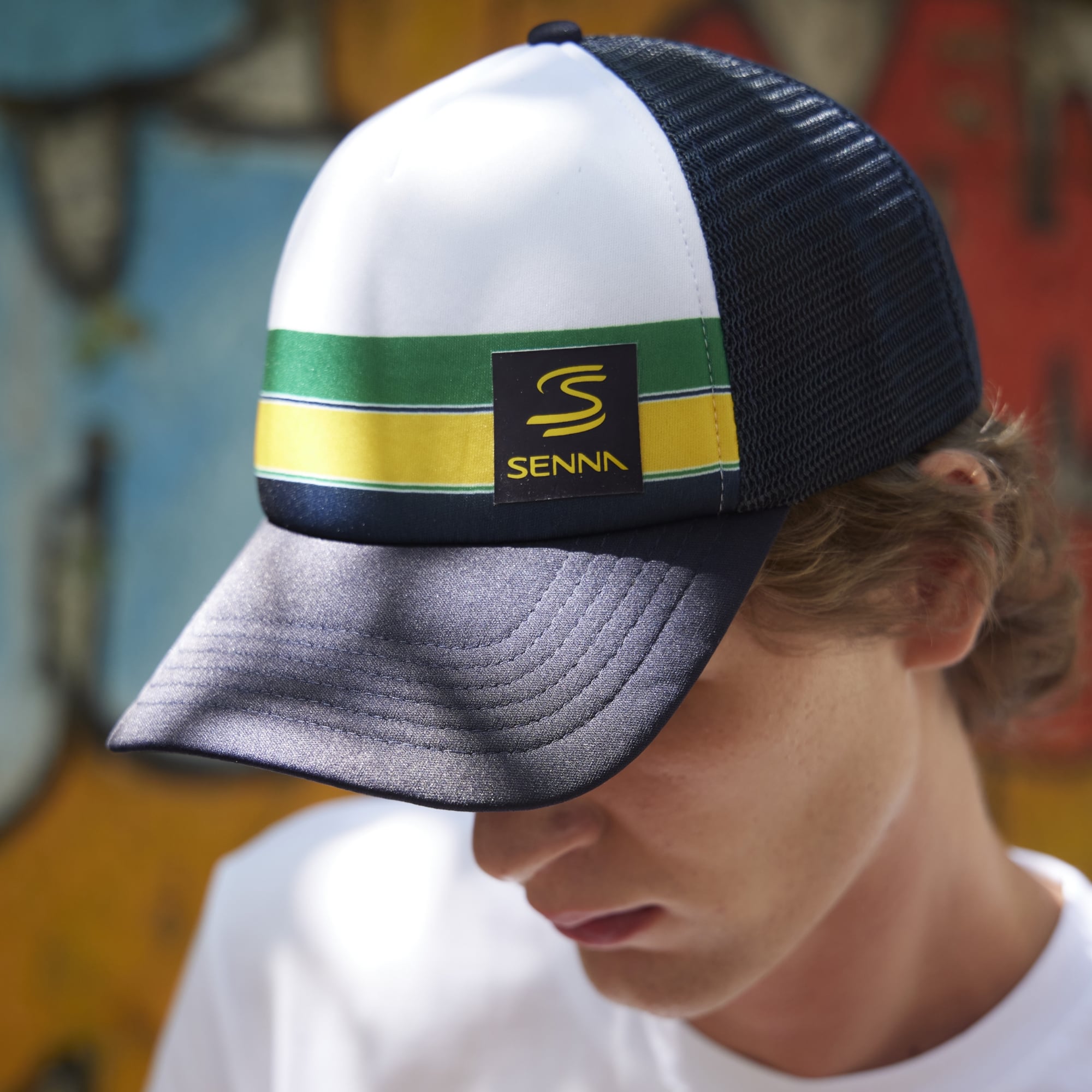 Men's Formula 1 White Ayrton Senna Helmet Badge Trucker Adjustable Hat