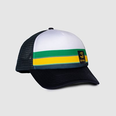 Ayrton Senna Formula 1 Helmet Badge Trucker Adjustable Hat - White