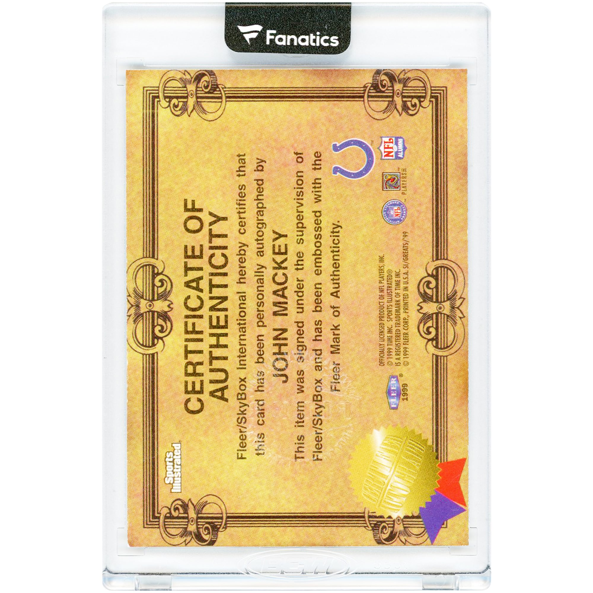 Carte autographiée par John Mackey des Baltimore Colts, collection Fleer Greats Of The Game 1999, numéro NNO