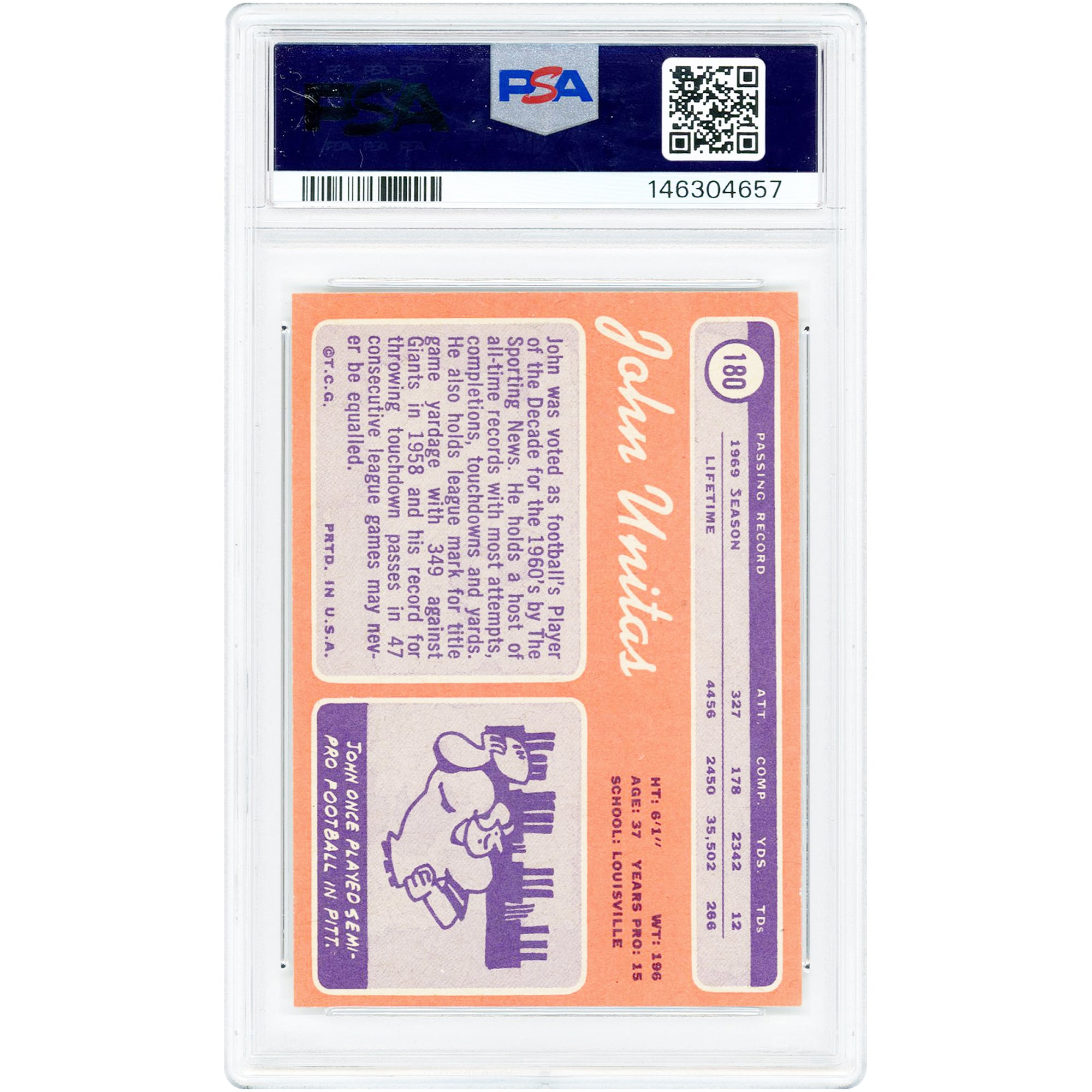Johnny Unitas Baltimore Colts 1970 Topps #180 PSA Authenticated 8 Card